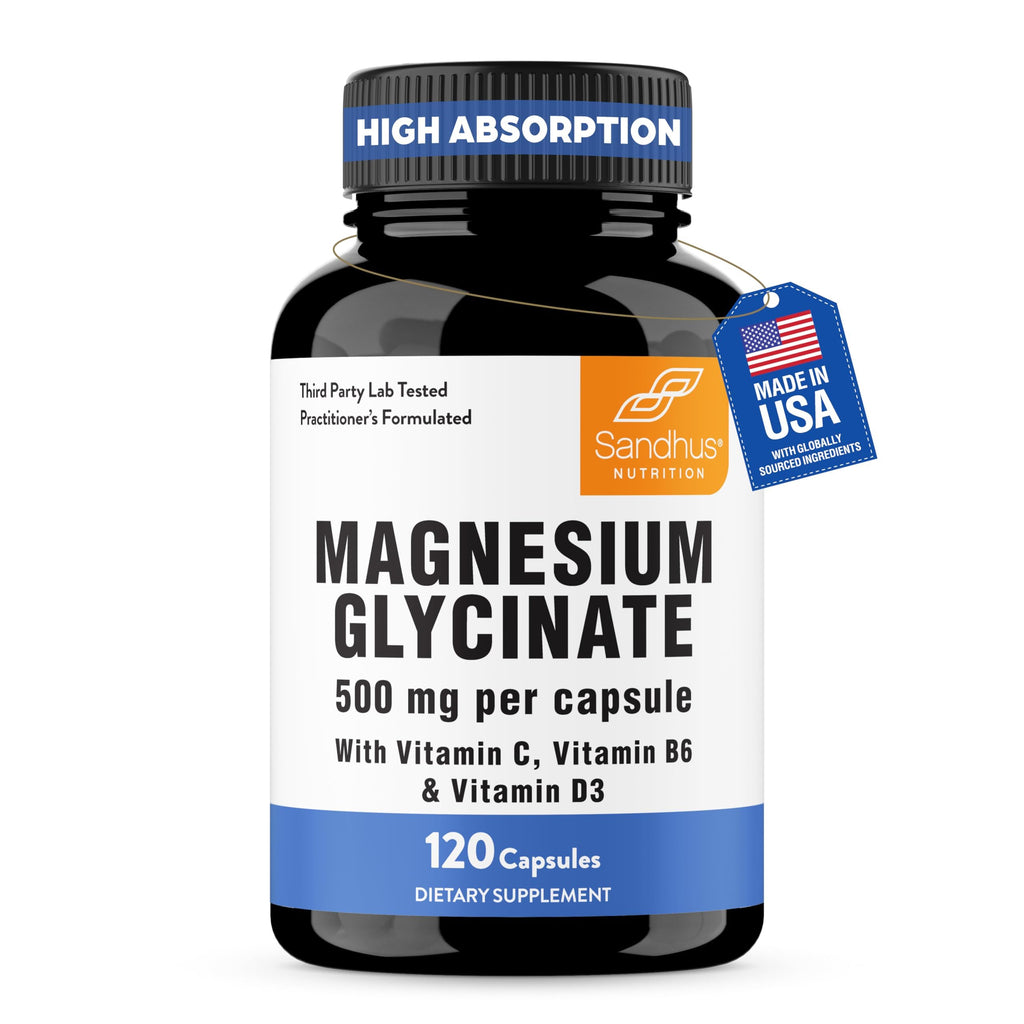 Magnesium Glycinate 400mg Capsules with Quercetin for Men & Women 120 Count | Pure Chelated Magnesium For Good Sleep, Relaxation | High Absorption, USA Made NSF GMP Certified 3rd Party Tested | Sandhu's