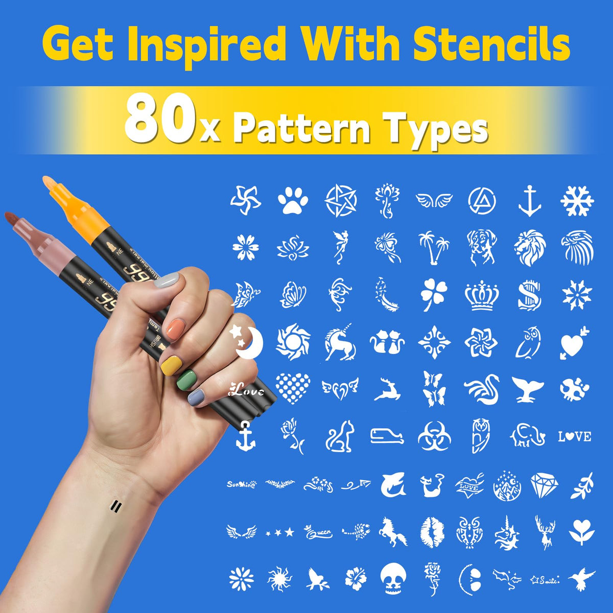 Suu66 Temporary Tattoo Markers Kit, Dual-End 16 Colors with 80 Stencils for Body Art | Skin-Safe, Washable, Cosmetic-Grade | for Kids & Adults