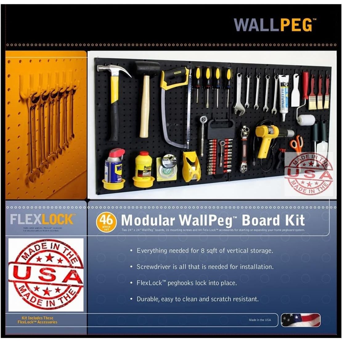 Buy now WallPeg 2 Black Pegboard Panels (24"x16" Each) with 36 Assorted Peg Hooks – Heavy-Duty Peg Board Garage Organizer Kit – Patented Flex-Lock Hooks – Made in USA Wall Storage System 24" x 48" Kit Black w Peg Hooks at indiglob india