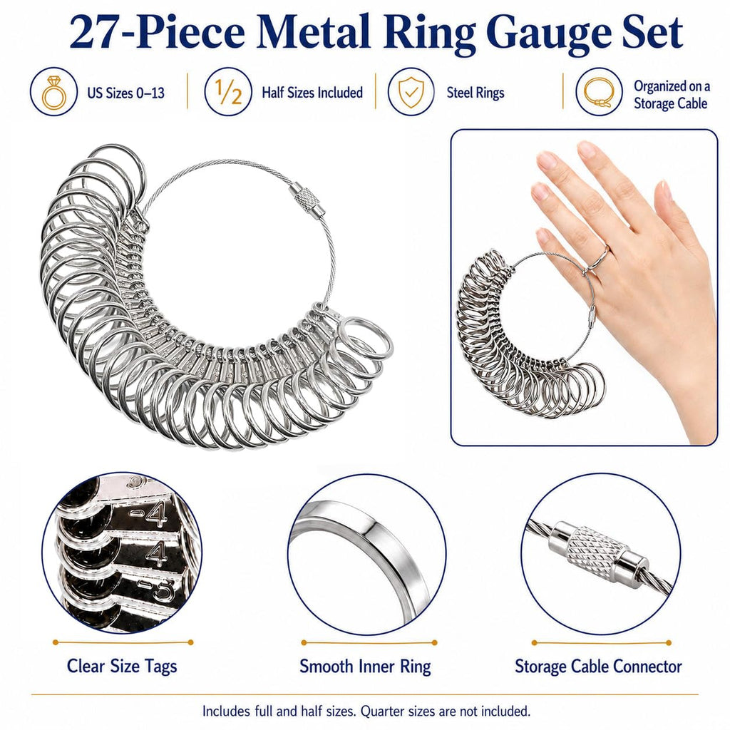 NIUPIKA Ring Sizer Measuring Tool Ring Mandrel Ring Measurer Ring Sizing Kit Measure Finger Size Measurement Tool Set Metal Gauge US Size 1-13 Jewelry Sizers Kit of 27 Pieces