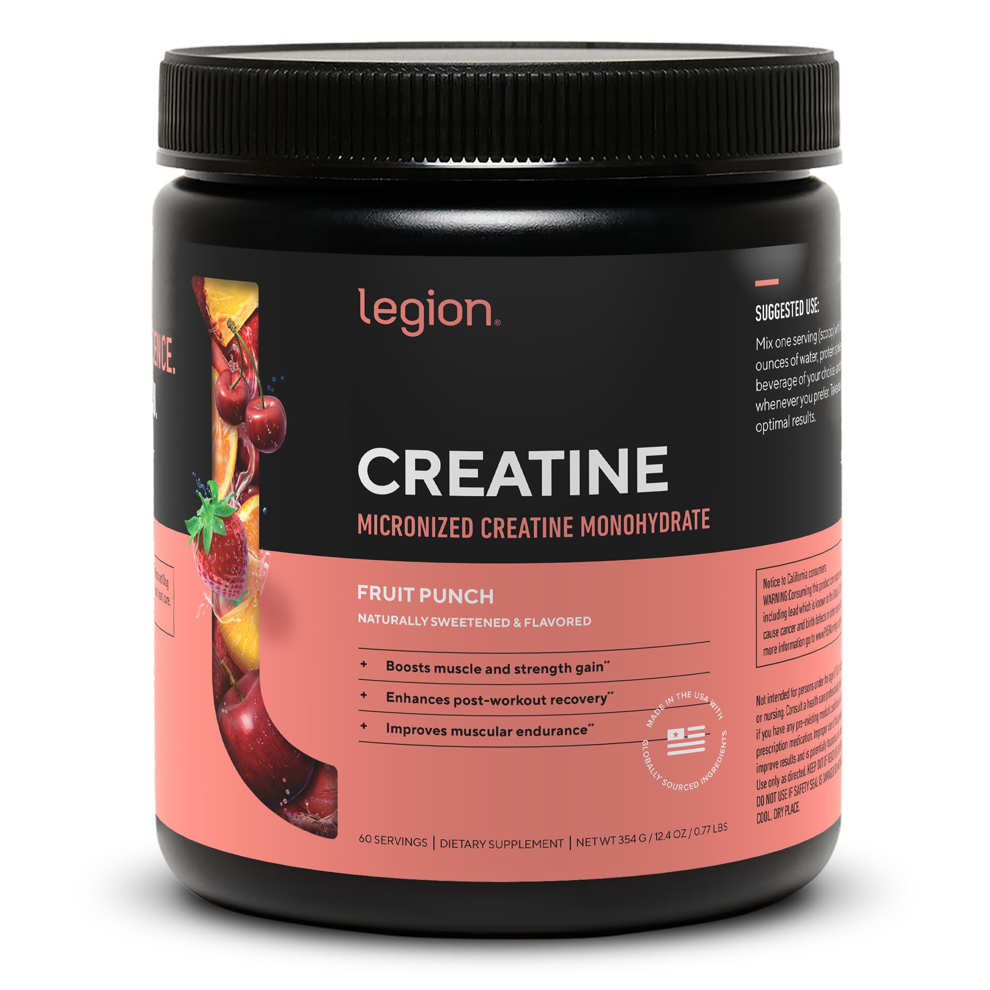 LEGION Micronized Creatine Monohydrate Supplement - Clean Creatine Powder for Muscle Gain & Post Workout Recovery - Micronized Creatine Supplement for Maximum Absorption (60 Servings, Unflavored)