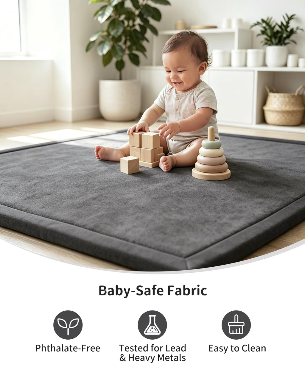 Goyuu Baby Play Mat for Floor, 50x50 Inch Thick Foam Playpen Mat, Ultra Soft Velvet Crawling & Tummy Time Mat, Non-Slip Baby Floor Mat, Easy to Clean, for Infants & Toddlers