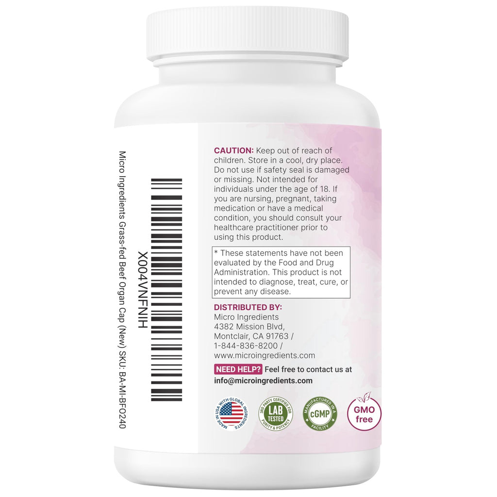 Micro Ingredients Grass‑Fed Beef Organ Supplement for Women – Bovine Beef Liver, Kidney, Heart & Uterus Tissue – 1,200 mg Organ Blend Plus Vitamin C, Colostrum & Collagen – 240 Capsules, No Fillers