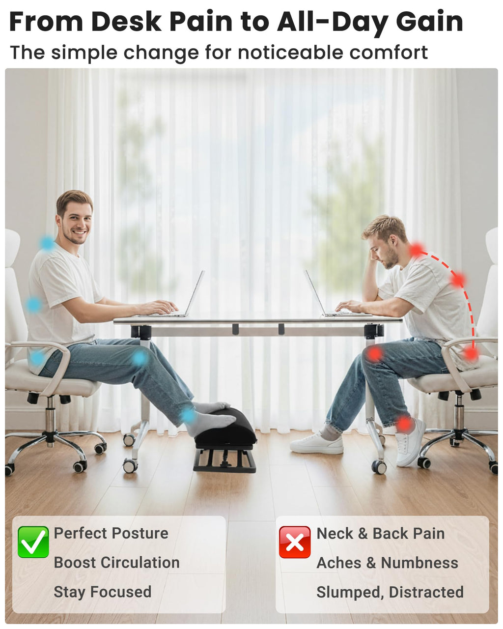 Step-to-Adjust Foot Rest—Truly Infinite Height, No Bending Needed