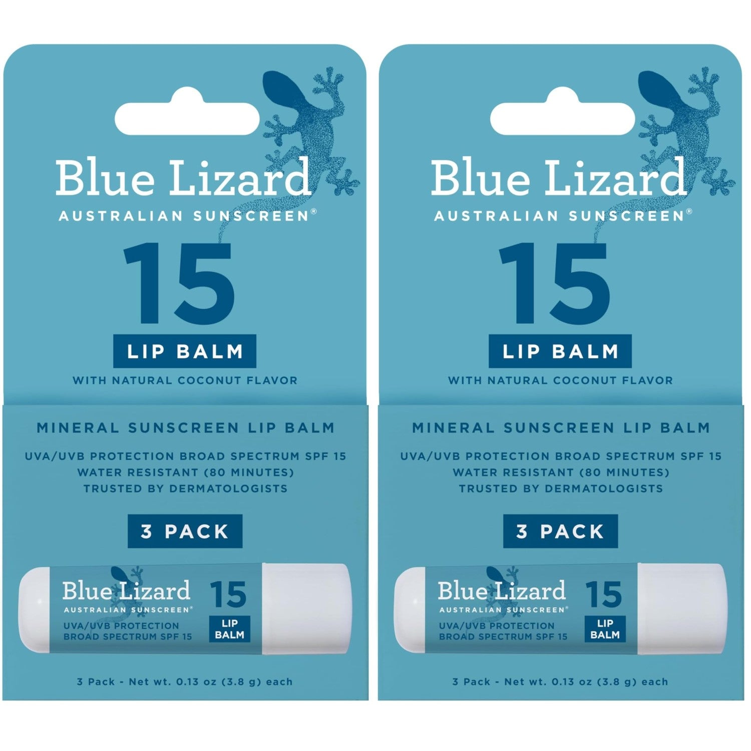 BLUE LIZARD Mineral SPF 15 Lip Balm, 3-Pack: Broad Spectrum Sun Protection, Natural Coconut Flavor, 8 Natural Oils, Infused with Australian Kakadu Plum, Rich in Vitamin C, Vegan, Each Tube 0.13 oz.