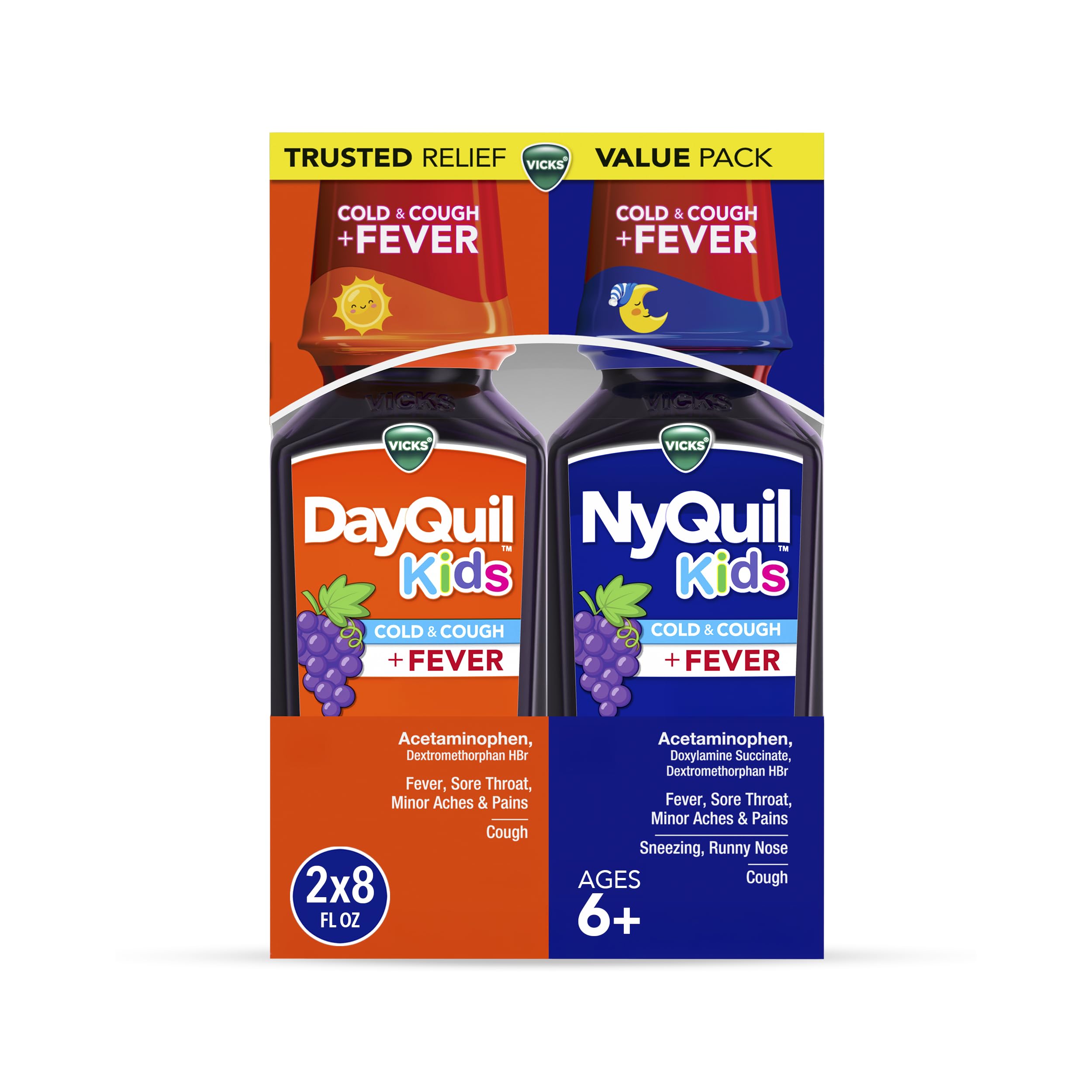 Buy now VICKS DayQuil and NyQuil Kids Grape Cold & Cough + Fever Multi-Symptom Relief Liquid Co-Pack, Specially Formulated for Kids Ages 6+, 2x8 OZ at indiglob india