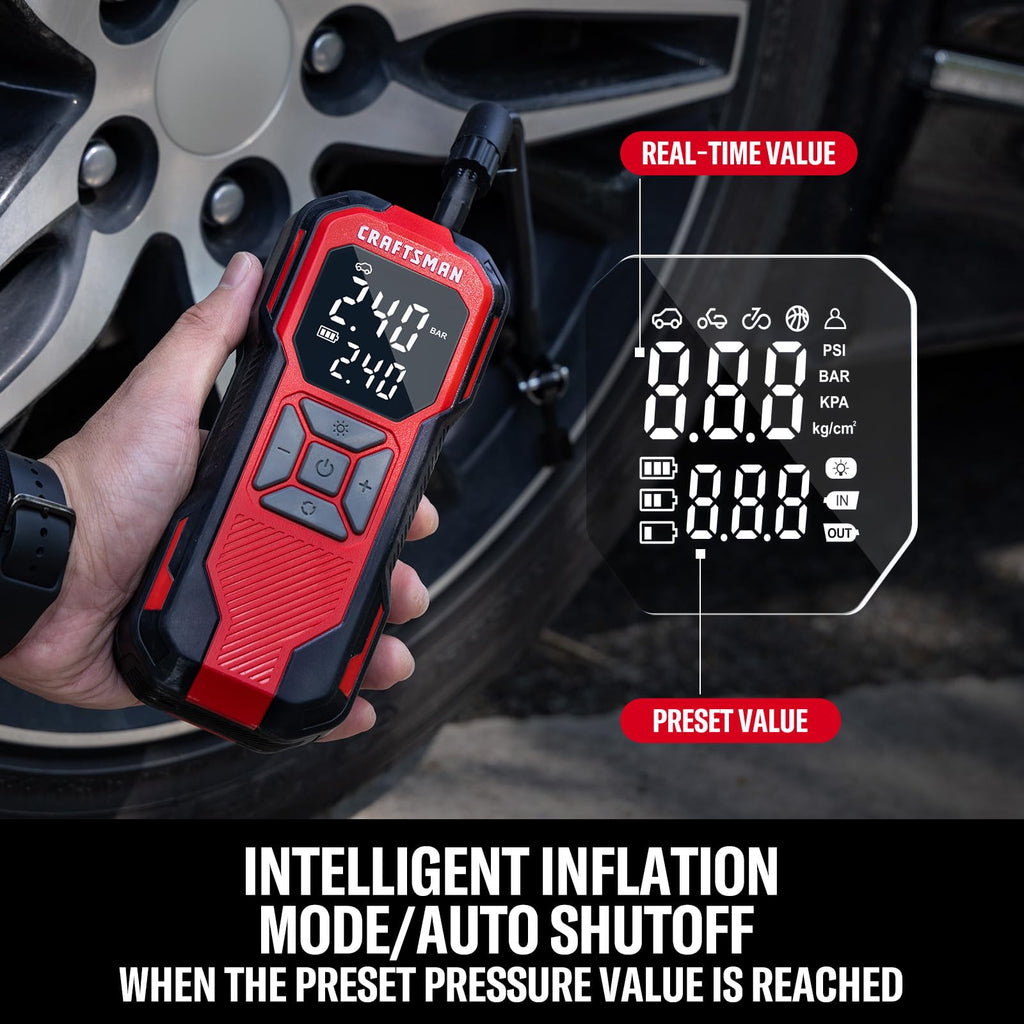 Buy now CRAFTSMAN Tire Inflator Portable Air Compressor, Cordless Mini Air Pump for Car Tires with Digital Tire Pressure Gauge, 6000mAh Battery Powered Air Pump, Max Pressure 150 PSI, 12V DC Corded at indiglob india
