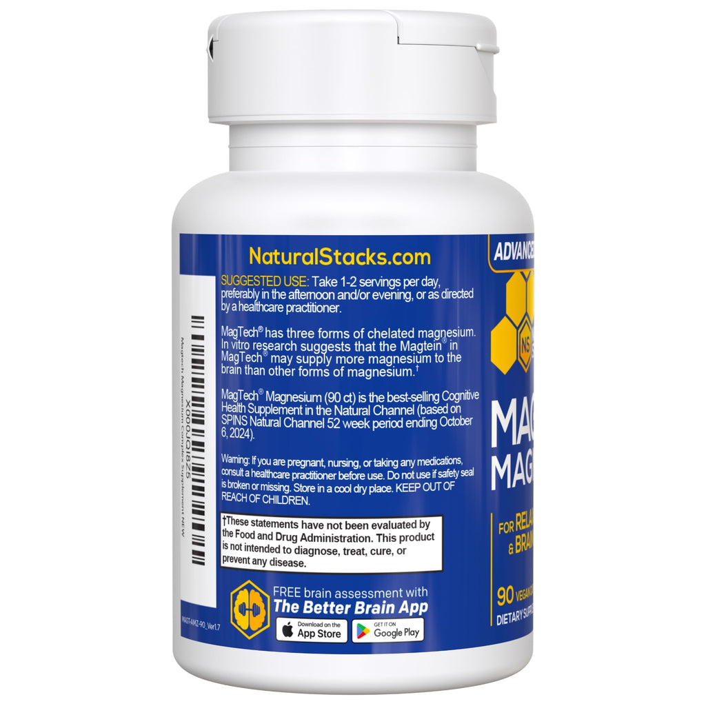 MagTech Magnesium Complex Glycinate, L-Threonate and Taurate, 90 Capsules | Advanced 3 in 1 200mg Chelated Triple Blend w/ Magtein - Supports Relaxation & Brain Health for Women & Men - Natural Stacks