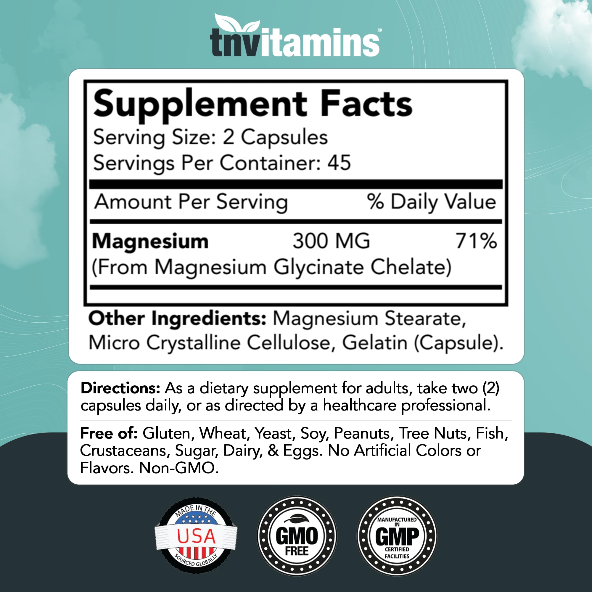 tnvitamins Magnesium Glycinate 300mg, 90 Capsules | High Absorption Chelated Magnesium for Sleep, Calm & Muscle Support* | Non-GMO, Gentle, Non-Laxative | TNVitamins
