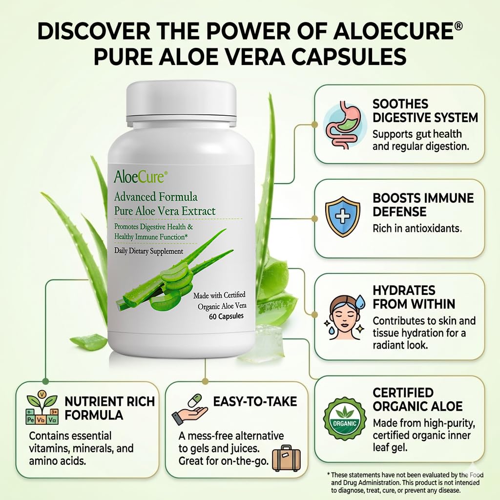 Aloe Vera Capsules for Gut Health & Digestive Comfort 60ct x 300mg | Gently Support Gut Health & Digestive Comfort. Vegan, non-GMO Aloe leaf extract. Aloin Free Naturally Support Immune Health