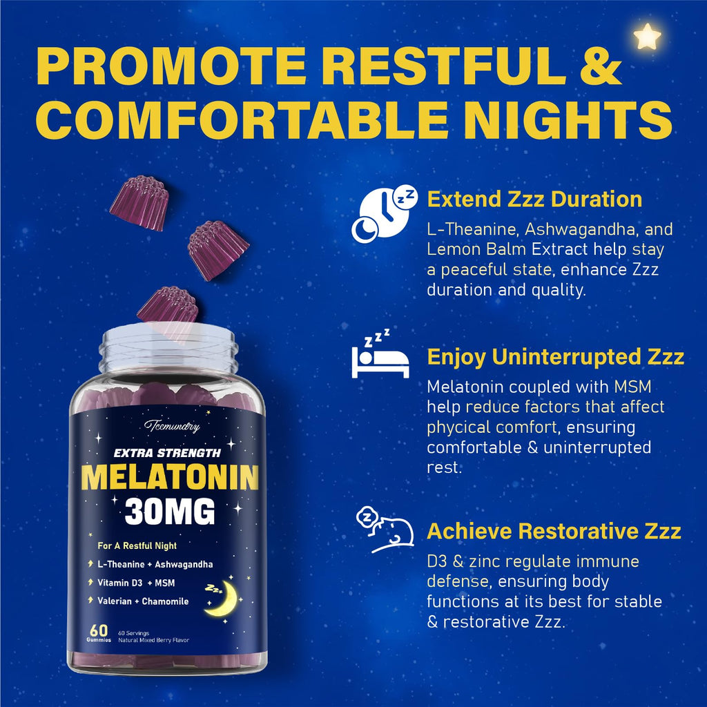 Melatonin Gummies 30mg for Adults: Maximum Strength Melatonin Supplement | with L-Theanine, Ashwagandha, MSM, Vitamin D3 & Zinc - Non-Habit Forming, Natural Mixed Berry Flavor 120 Count