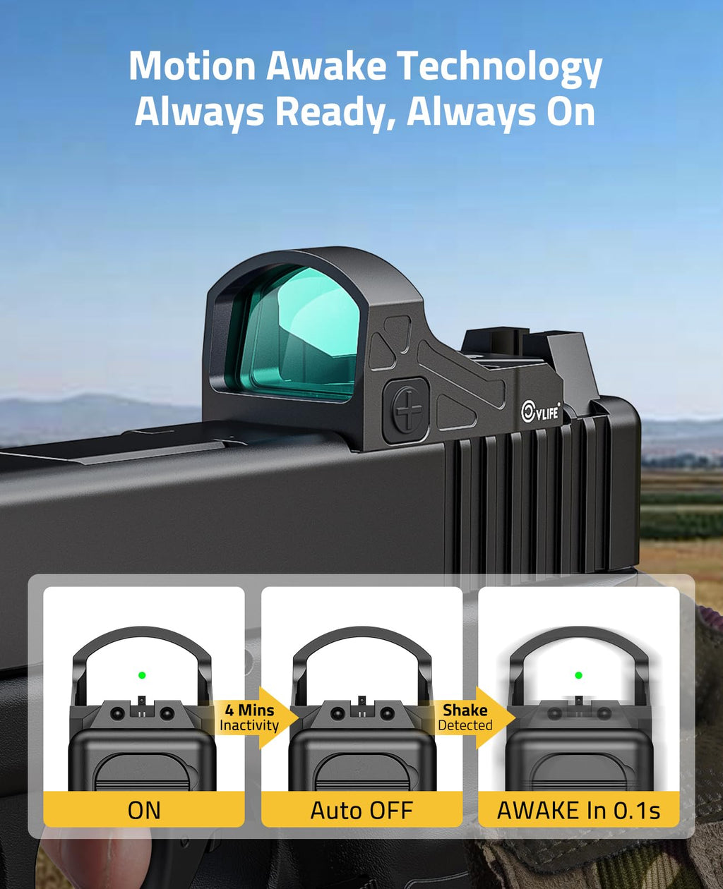 CVLIFE WolfCloak X03 Motion Awake Green Dot Sight for RMR Footprint, 3 MOA Reflex Sight with 0.33" Ultra-Low Profile & 24mm Lens for Full-Sized Pistols, Optics Adapter for MOS & 21mm Picatinny Base