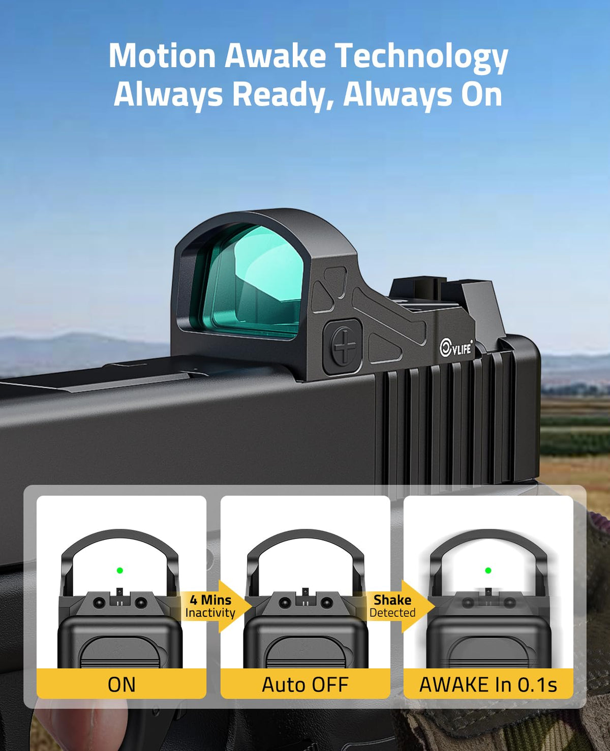CVLIFE WolfCloak X03 Motion Awake Green Dot Sight for RMR Footprint, 3 MOA Reflex Sight with 0.33" Ultra-Low Profile & 24mm Lens for Full-Sized Pistols, Optics Adapter for MOS & 21mm Picatinny Base