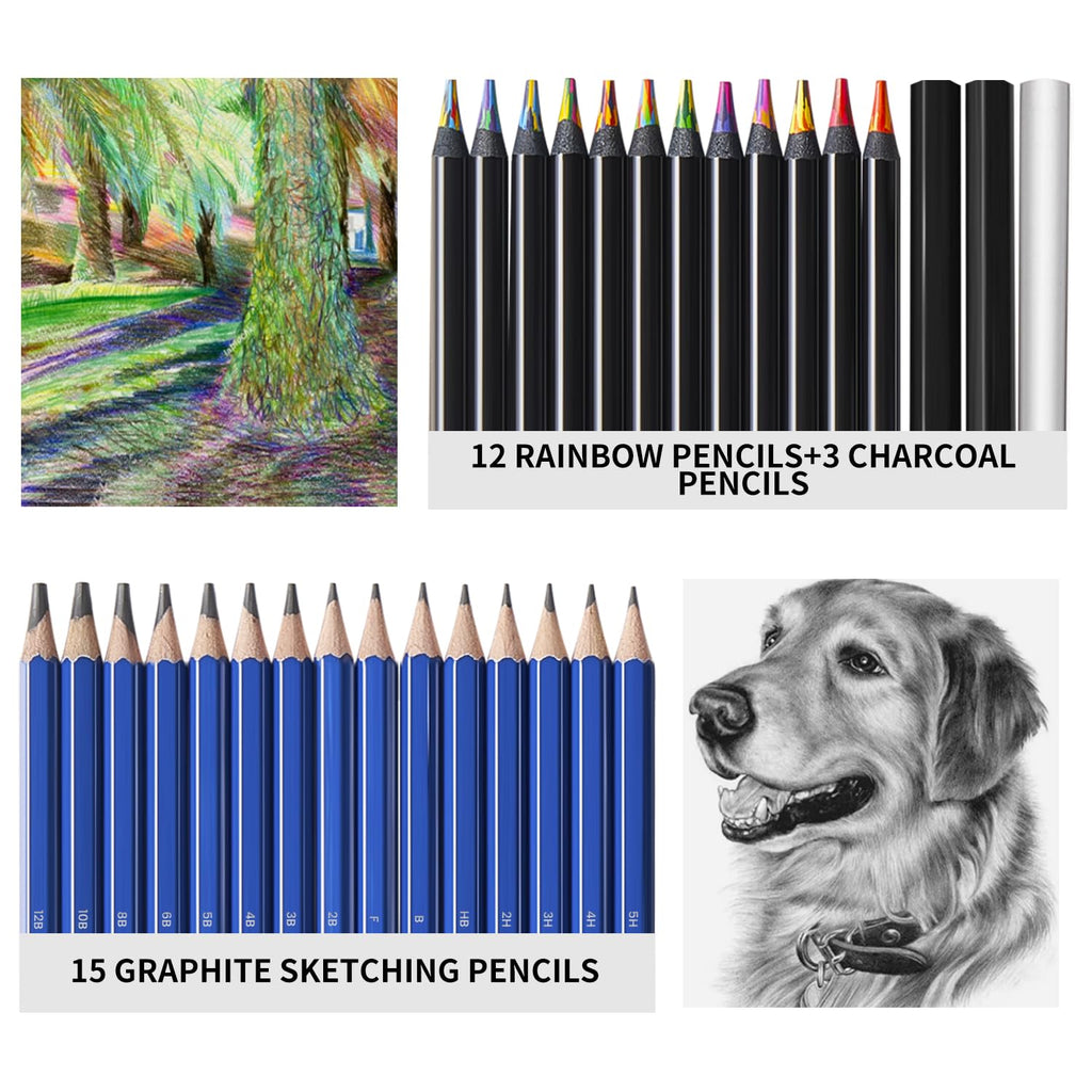 PRINA 81 Drawing Set Sketching Kit, Pro Sketch Pencils Art Supplies with Rainbow, Colored, Graphite, Watercolor, Metallic, Charcoal Pencil, Sketchbook, Coloring Book, Gift Case for Artists Adults Kids