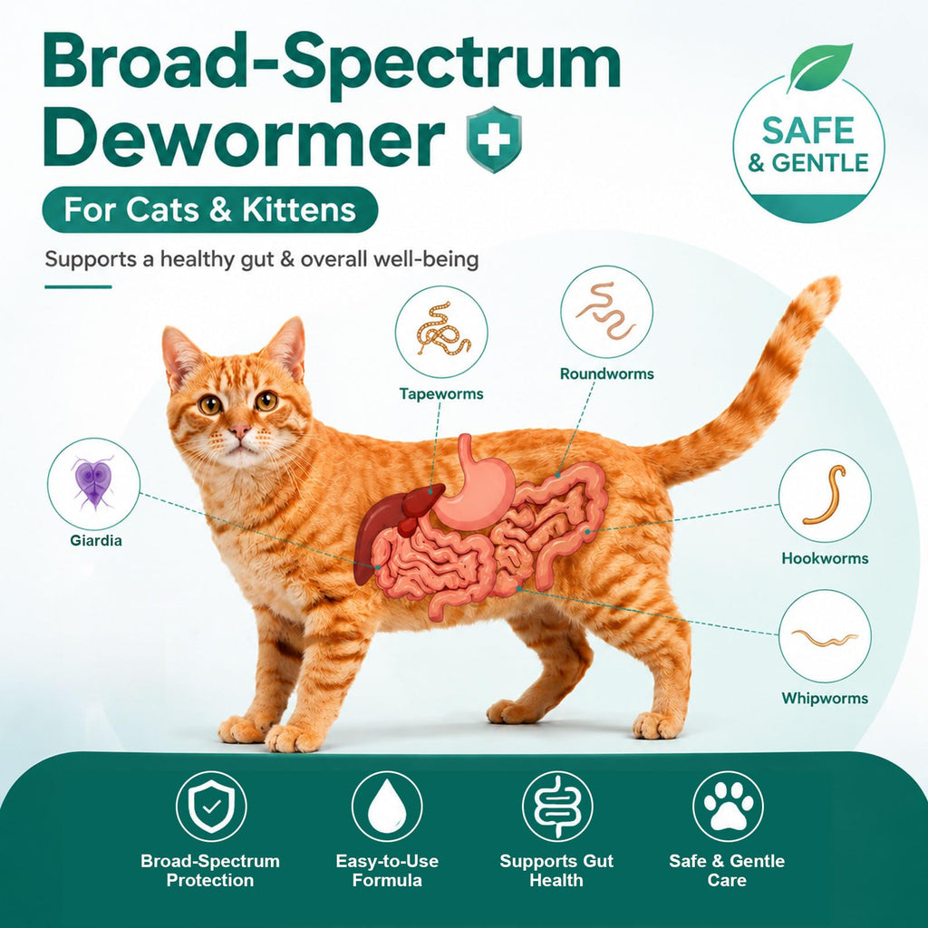 Cat Dewormer Triple Dewormer for All Worms Broad Spectrum Liquid Formula for Tapeworms, Roundworms & Hookworms, 120 mL