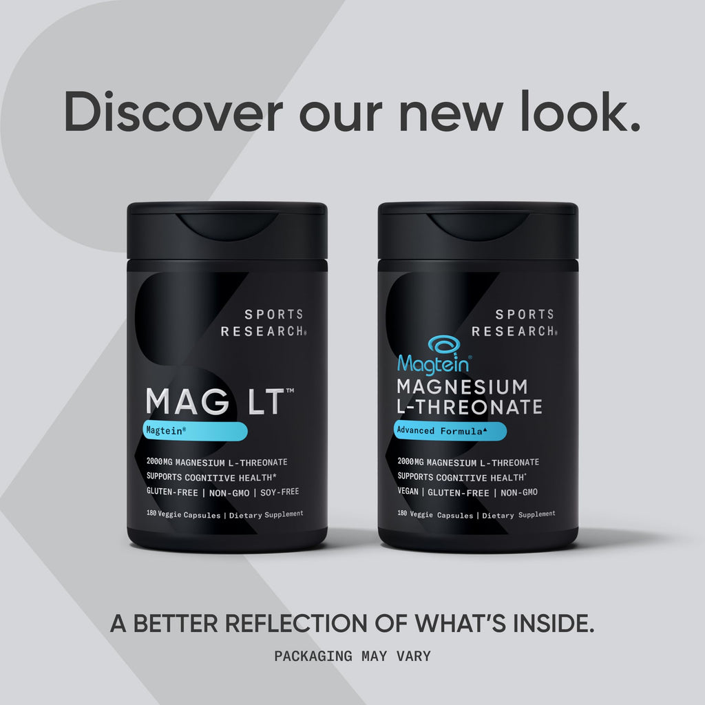 Sports Research® Magnesium L-Threonate 2000mg w/Magtein®, 90 Count | 2000mg/144mg Elemental Mag per Serving - Brain & Sleep Support - Vegan, Non-GMO, Gluten-Free