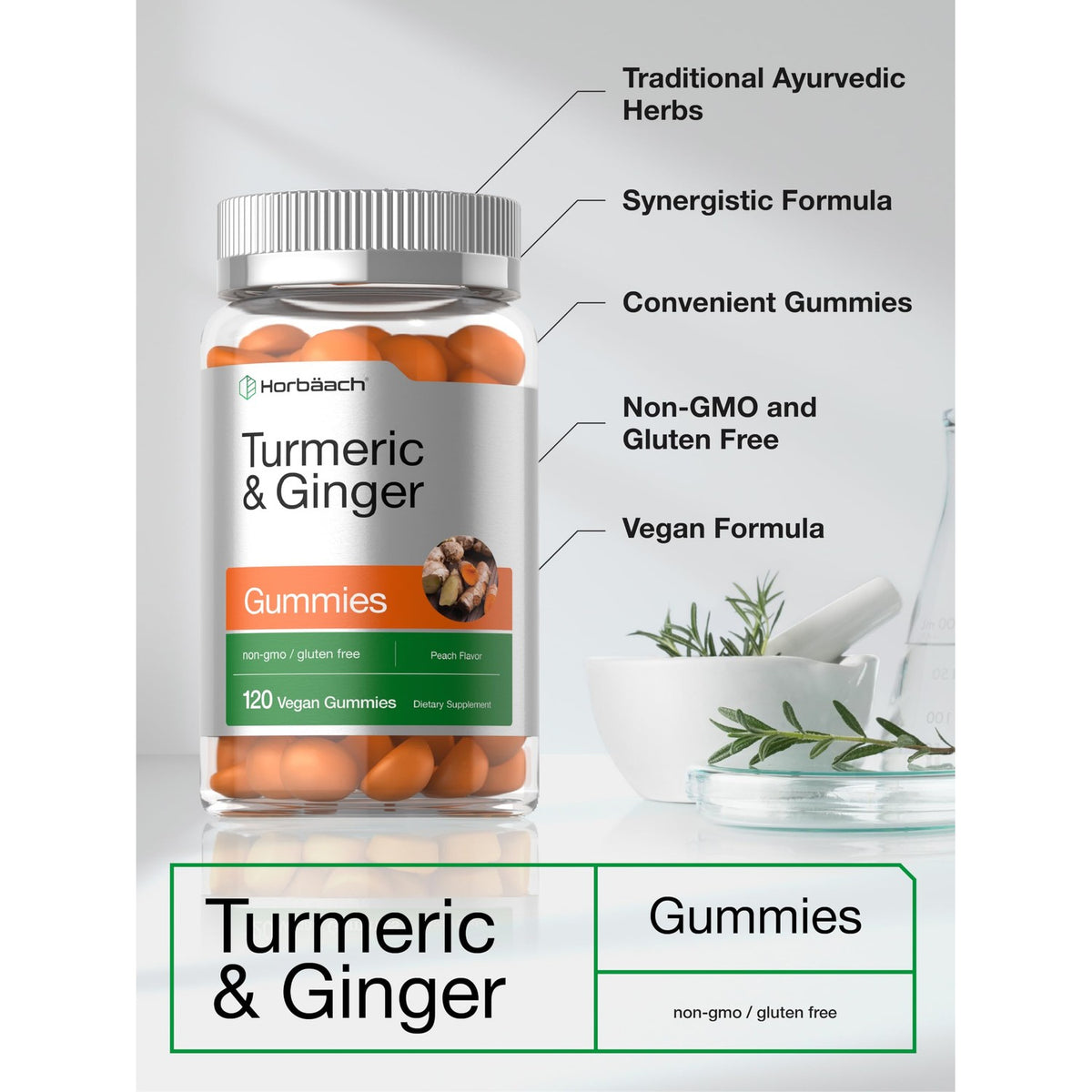 Horbäach Turmeric and Ginger Gummies | 120 Count | Peach Flavor