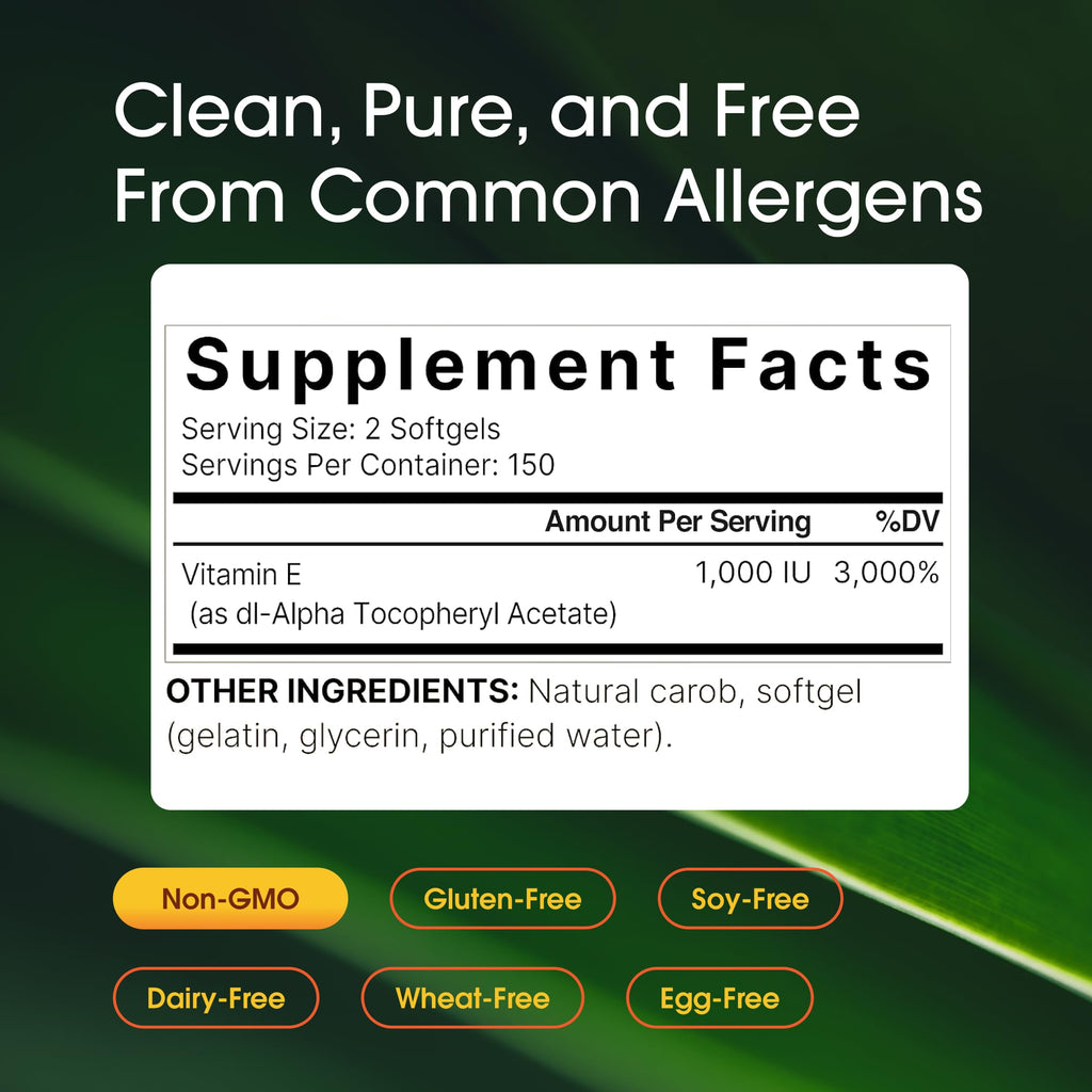 NatureBell Vitamin E 1,000 IU Per Serving - 300 Softgels (5-Month Supply) - 3rd Party Tested Antioxidant Supplement for Skin, Heart & Brain Health Support - High Potency* - Gluten-Free & Non-GMO