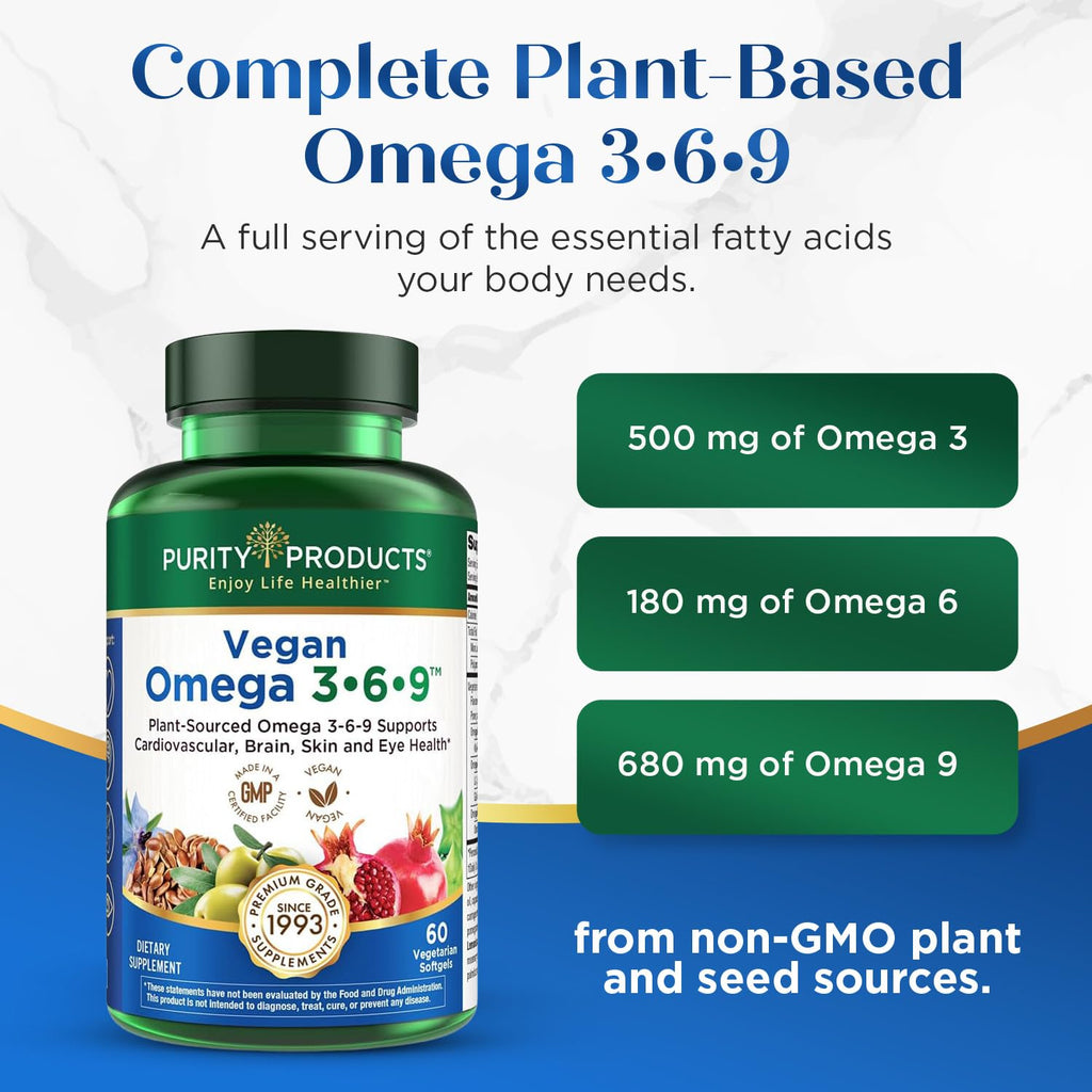 Purity Products Omega 3-6-9, "5 in 1 Vegan and Vegetarian Formula | Essential Fatty Acid Complex - Scientifically Formulated Plant-Based Omega 3 6 9 Essential Fatty Acids (EFA) - 60 Softgels