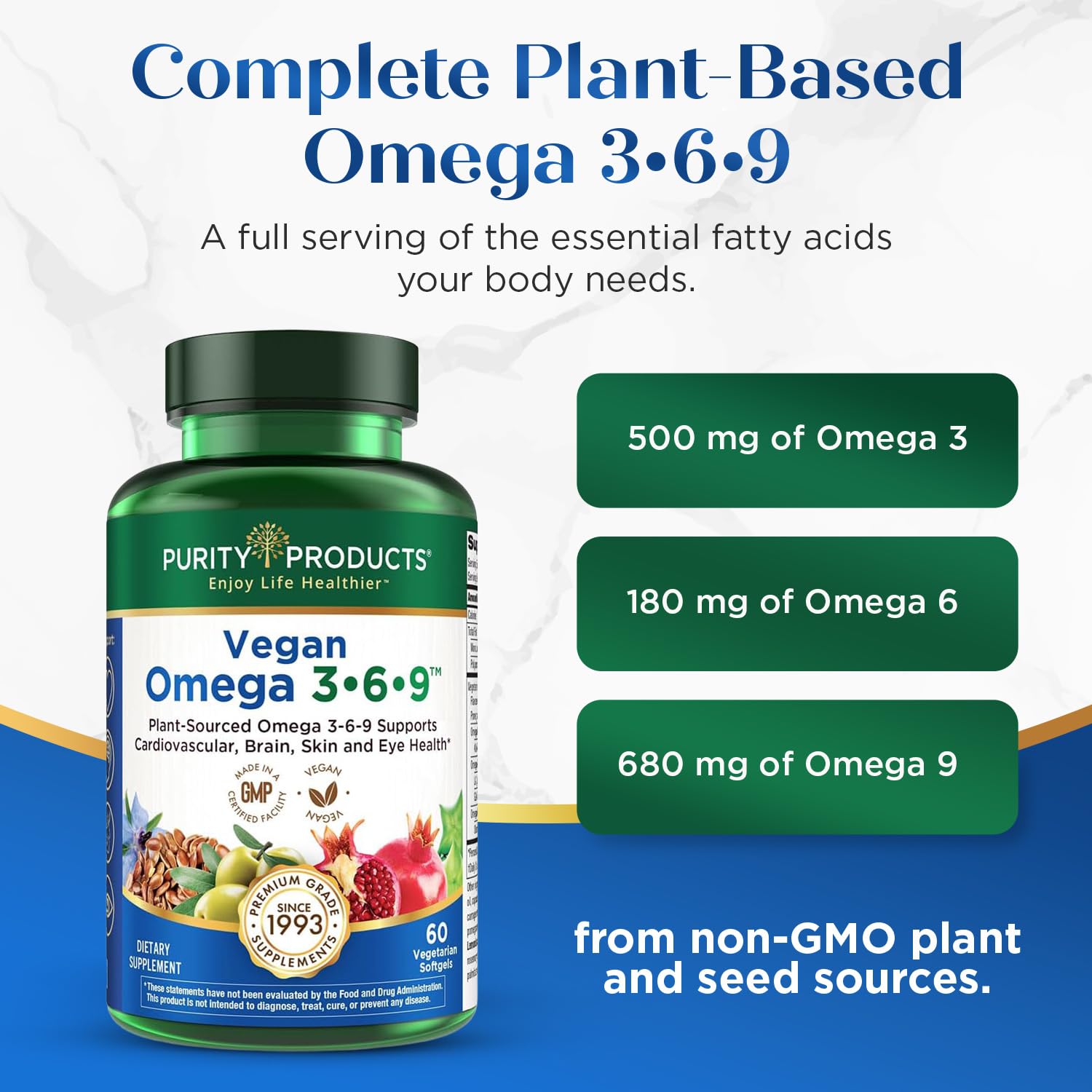 Purity Products Omega 3-6-9, "5 in 1 Vegan and Vegetarian Formula | Essential Fatty Acid Complex - Scientifically Formulated Plant-Based Omega 3 6 9 Essential Fatty Acids (EFA) - 60 Softgels