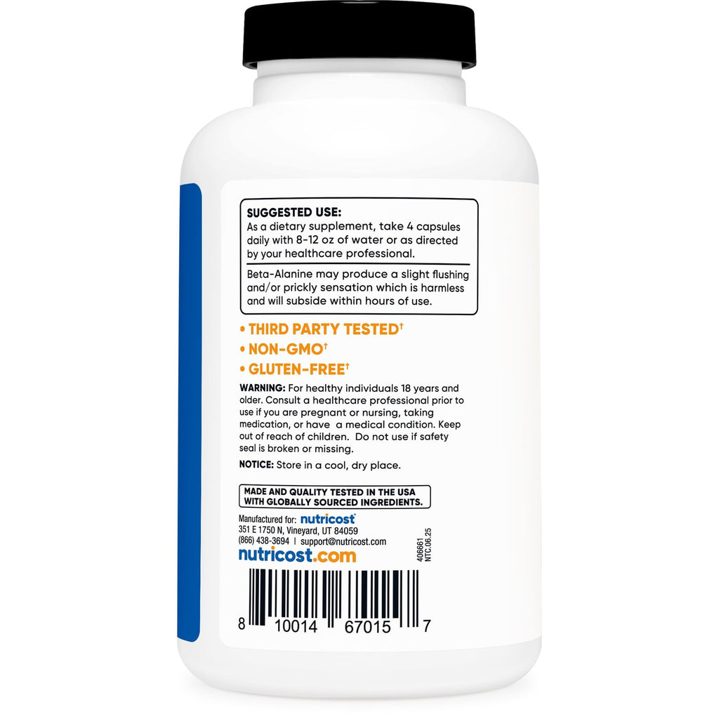 Nutricost Beta-Alanine Capsules 3400mg, 240 Capsules, 60 Servings | Potent Beta Alanine, Gluten Free & GMO-Free, 850mg Per Cap
