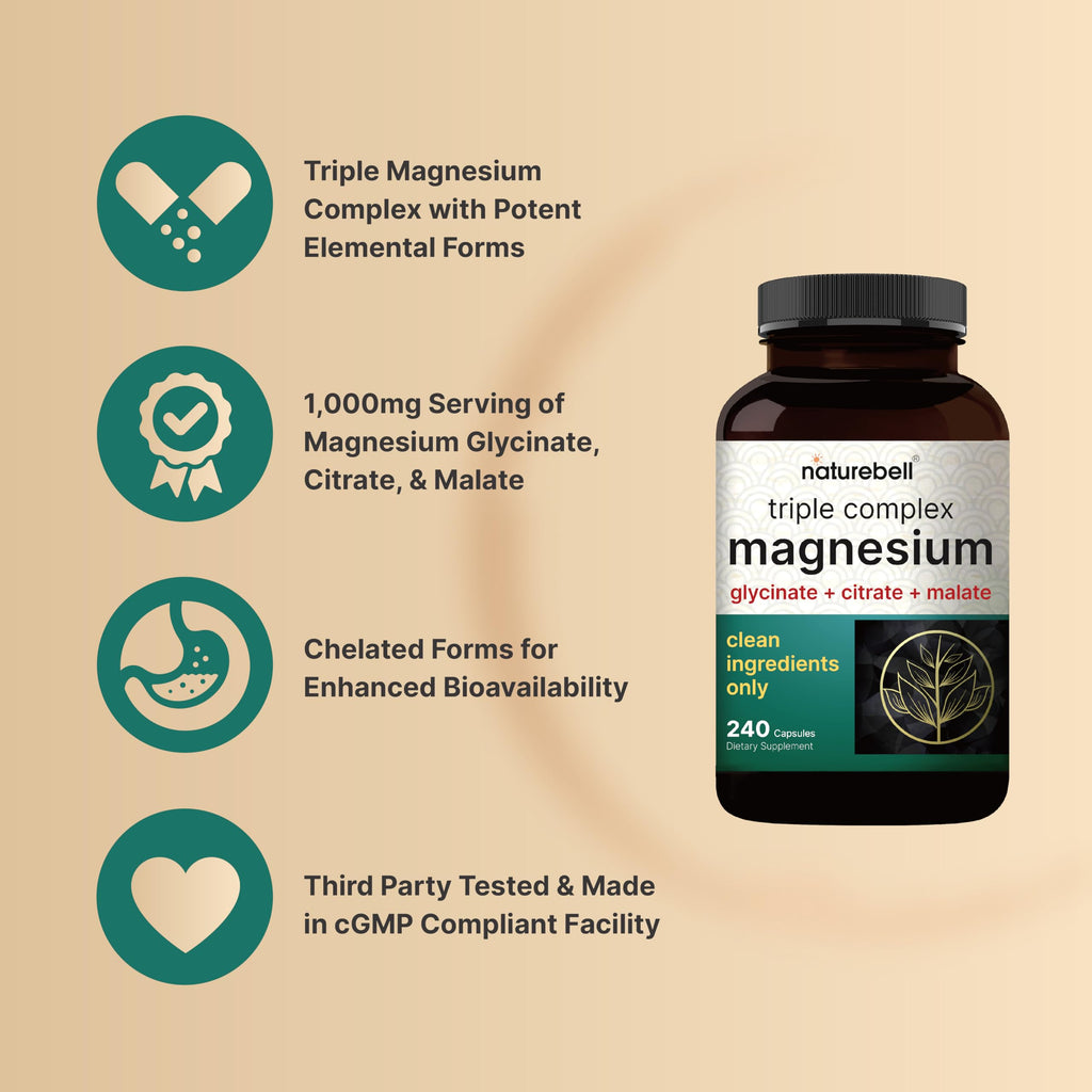 NatureBell Triple Magnesium Complex, Glycinate Citrate Malate, 240 Capsules | 1,000 mg Blend Per Serving. 3-in-1 Chelated Magnesium Supplement with Vitamin C. For Women & Men. Filler Free, Non-GMO.
