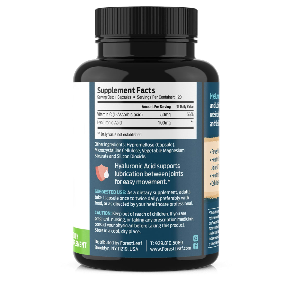 ForestLeaf Hyaluronic Acid Supplements | 100mg High Bioavailable Dietary Hyaluronic Acid Powder Capsules + 50mg VIT C | Supports Skin Hydration, Joint Lubrication, Anti-Aging, Hair & Nails | 120 Caps