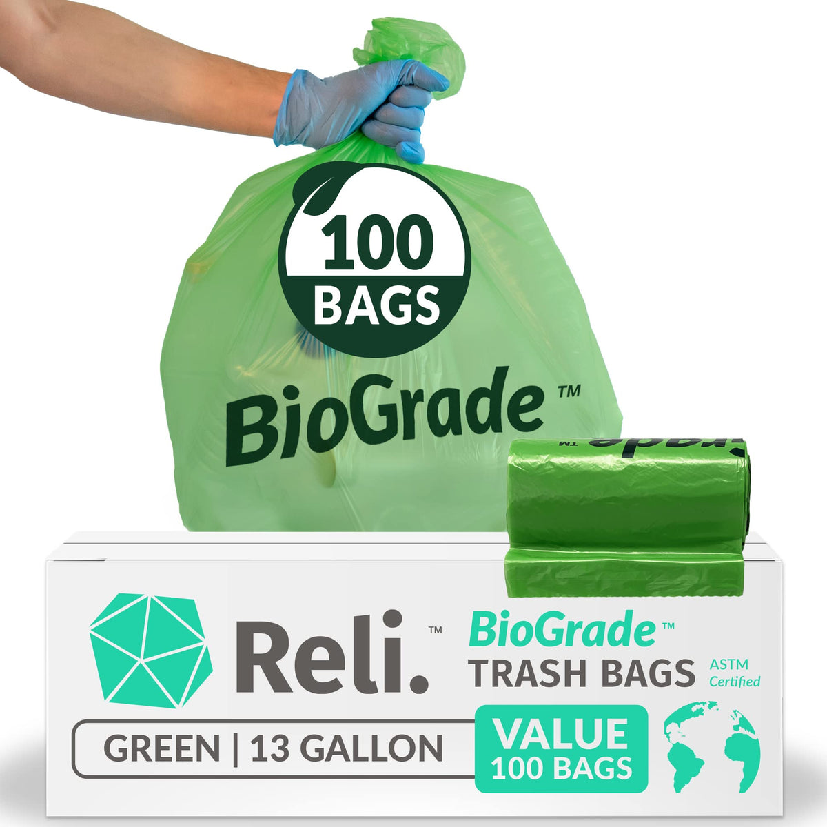 Reli. Biodegradable 13 Gallon Trash Bags | 100 Count | Green