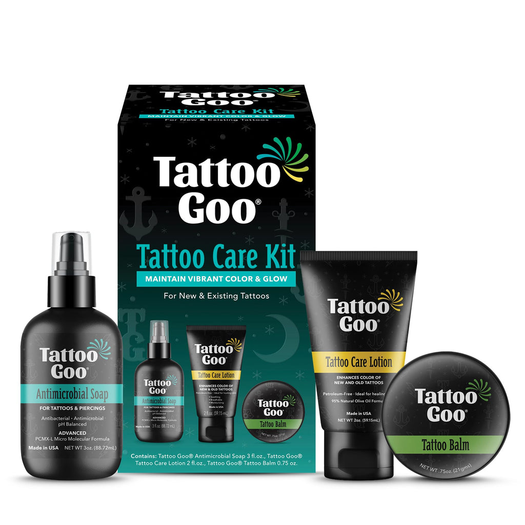 Tattoo Goo Tattoo Aftercare Kit, 3 Piece Set, Includes Antimicrobial Soap, Tattoo Balm & Healing Lotion, Main Vibrant Color & Glow, Complete Kit for Fresh Ink, Ongoing Ink Maintenance & Piercing Care