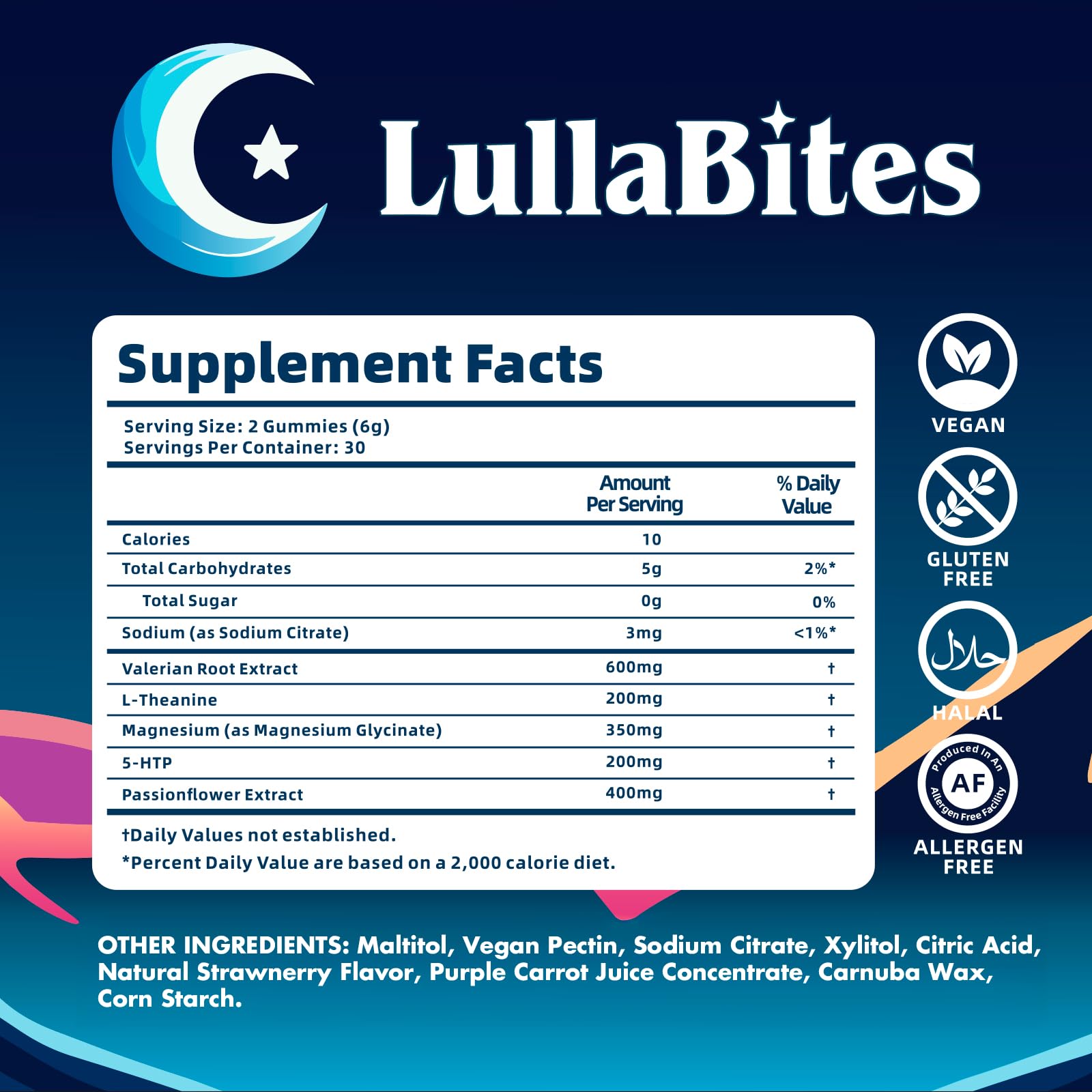 LullaBites - Natural Sleep Gummies - Made in USA - With 5-HTP, L-Theanine, Magnesium & Valerian Root - Melatonin Free - Vegan - Halal - Sugar, Gluten Free - Sweet Strawberry - 60 Gummies - 30 Servings