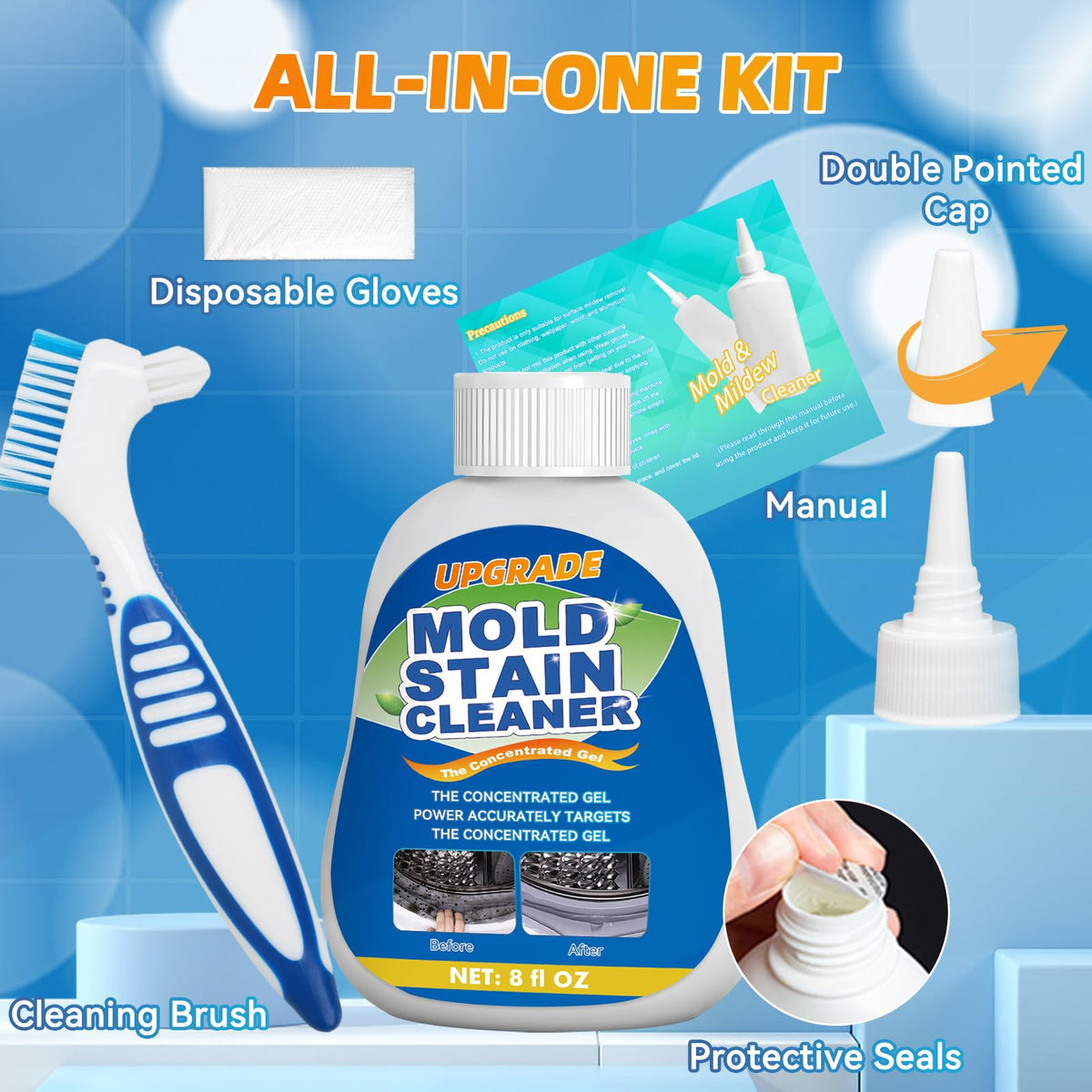 Mold Stain Cleaner Gel, 8 FL oz Heavy-Duty Household Cleaner for Washing Machine Gasket, Shower Caulk, Bathroom Grout & Front Loader Seal