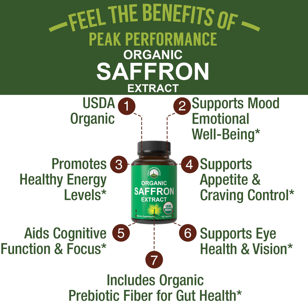 Peak Performance Saffron Supplements. USDA Organic Saffron Extract Capsules