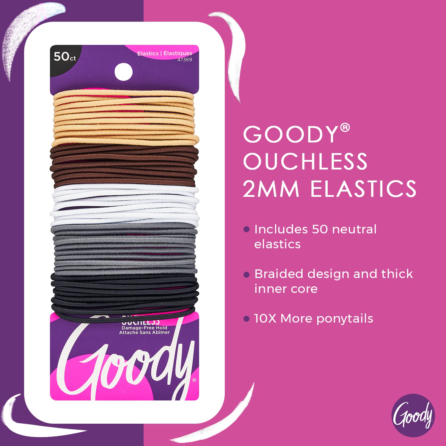 Goody Ouchless Elastic Hair Ties - 50 Ct, Assorted Neutrals, 2MM Rubber Bands for Hair, Pain-Free Hair Accessories for Women & Men, Made for Long-Lasting Braids, Ponytails & More, For Fine Hair
