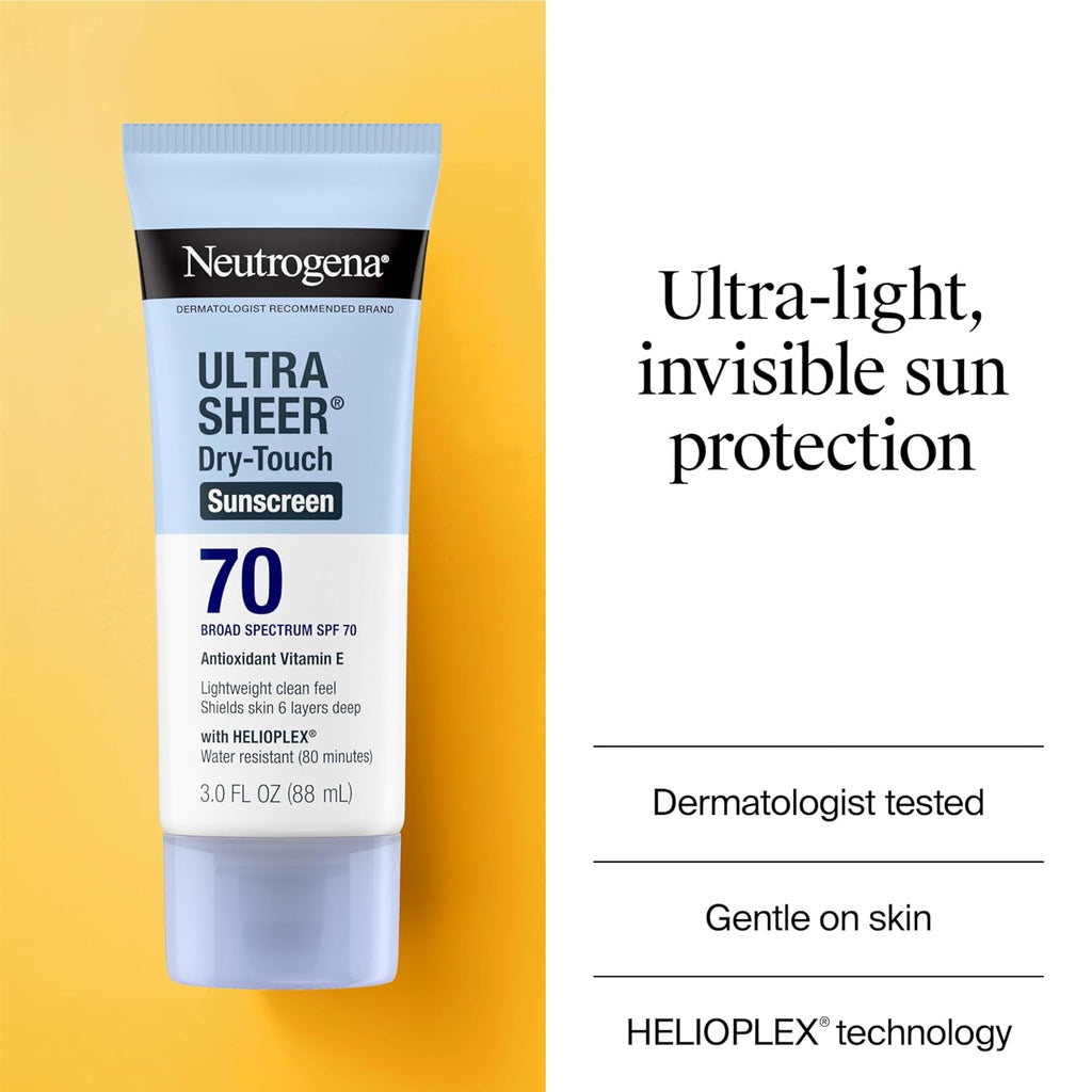 Buy now Neutrogena Ultra Sheer Dry-Touch Sunscreen Lotion SPF 70, Broad Spectrum, Water Resistant 80 Min, Oil-Free, Oxybenzone-Free, Non-Comedogenic, Matte Finish, Body Sunscreen, Travel Size 3 Fl Oz at indiglob india