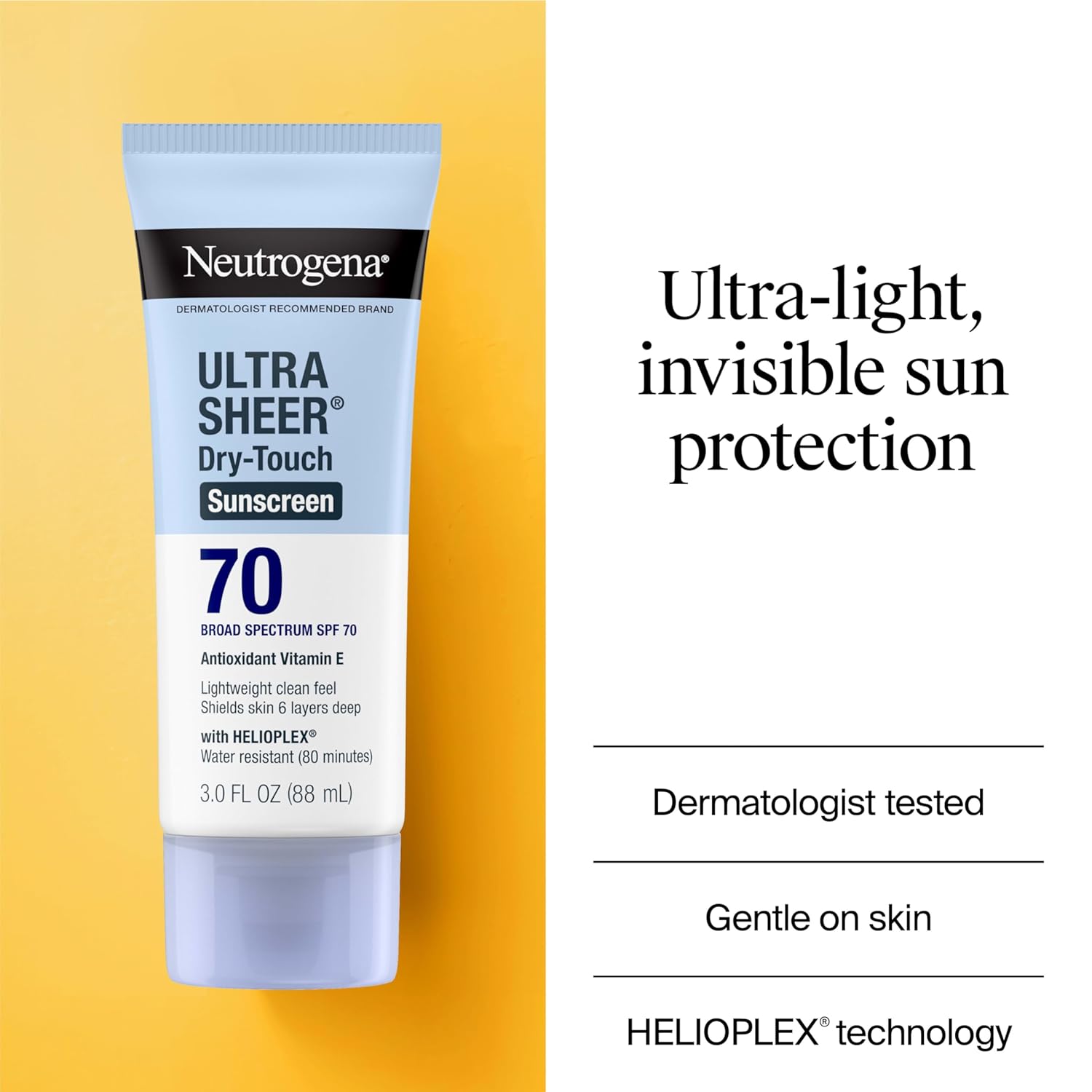 Buy now Neutrogena Ultra Sheer Dry-Touch Sunscreen Lotion SPF 70, Broad Spectrum, Water Resistant 80 Min, Oil-Free, Oxybenzone-Free, Non-Comedogenic, Matte Finish, Body Sunscreen, Travel Size 3 Fl Oz at indiglob india