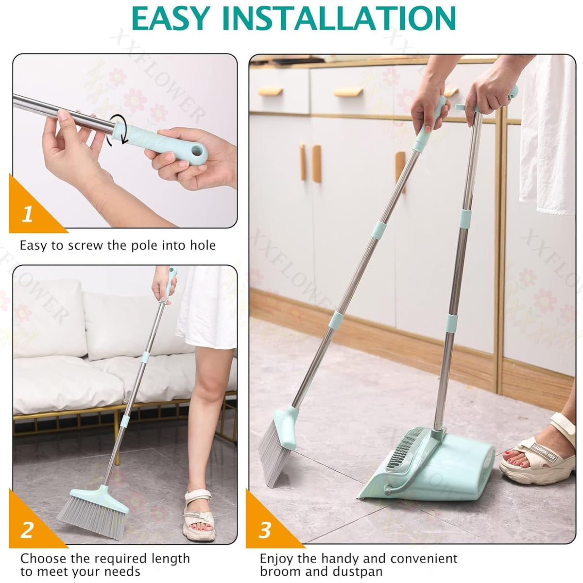 XXXFLOWER Broom and Dustpan Set with Cleaning Teeth, 54.5" Long Handle Indoor Sweeping Combo for Home Office Kitchen, Bluish Green