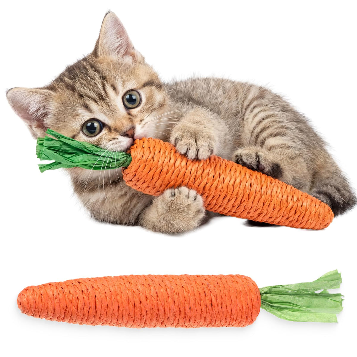 2 PCS Kitten Teething Toys for Indoor Cats, Cat Chew Toy Natural Sisal Cat Teething Toys Orange Carrot Interactive Cats Kicker Toy Interactive Kitten Kicker for Indoor Kitty Exercise