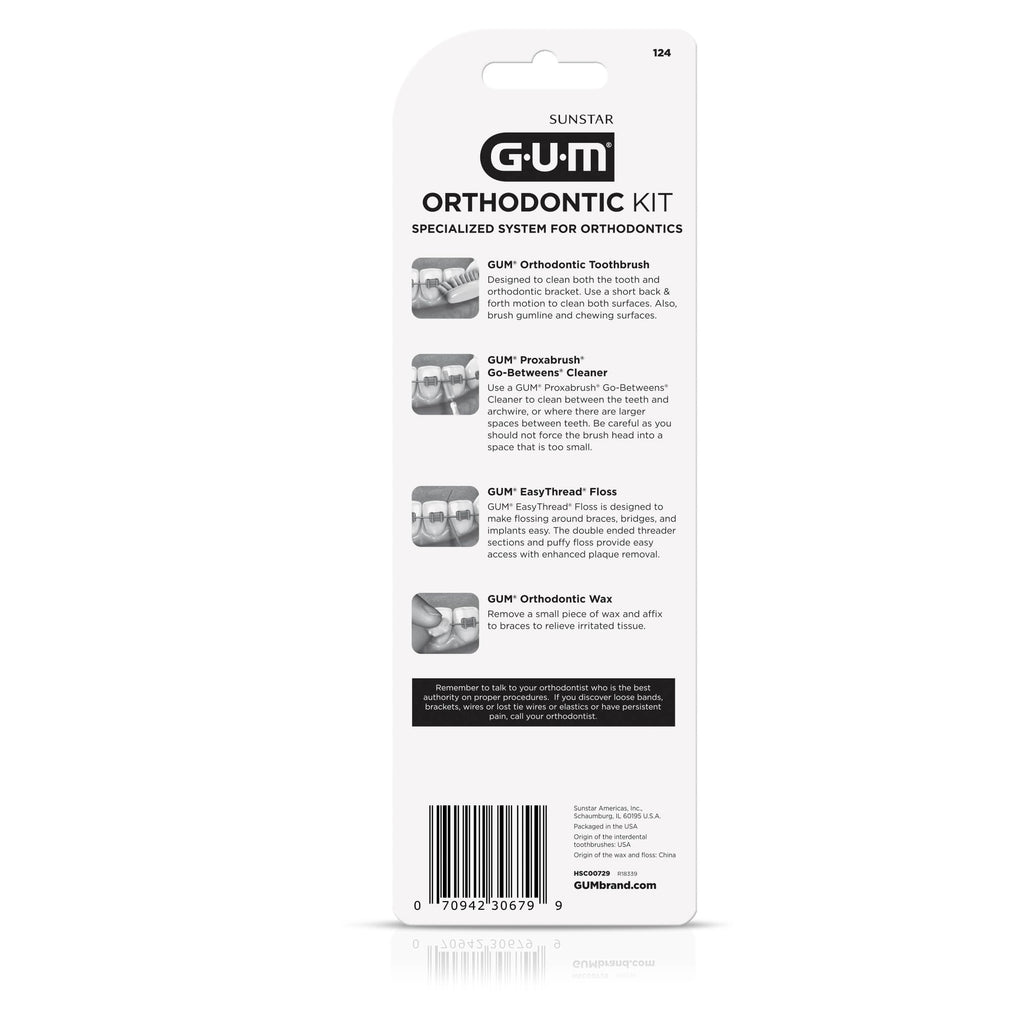 GUM Orthodontic Kit with Toothbrush, 3 Proxabrush Sizes, Shred-Resistant EasyThread Floss and Ortho Wax
