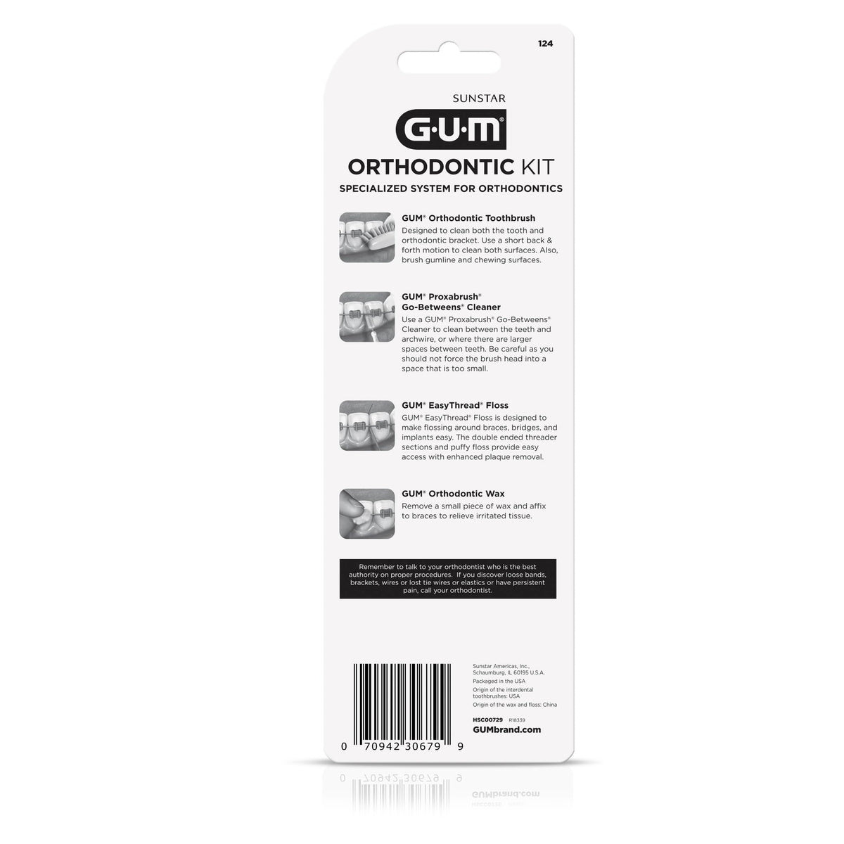 GUM Orthodontic Kit with Toothbrush, 3 Proxabrush Sizes, Shred-Resistant EasyThread Floss and Ortho Wax