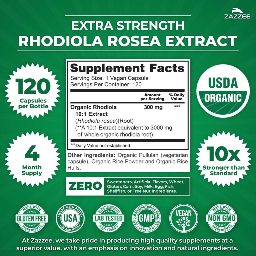Zazzee USDA Organic Rhodiola 10:1 Extract, 120 Capsules, 4 Month Supply | Energy, Stress & Mental Focus Support, Rhodiola Rosea, Organic Herbal Supplement, All-Natural, Non-GMO, Made in the USA