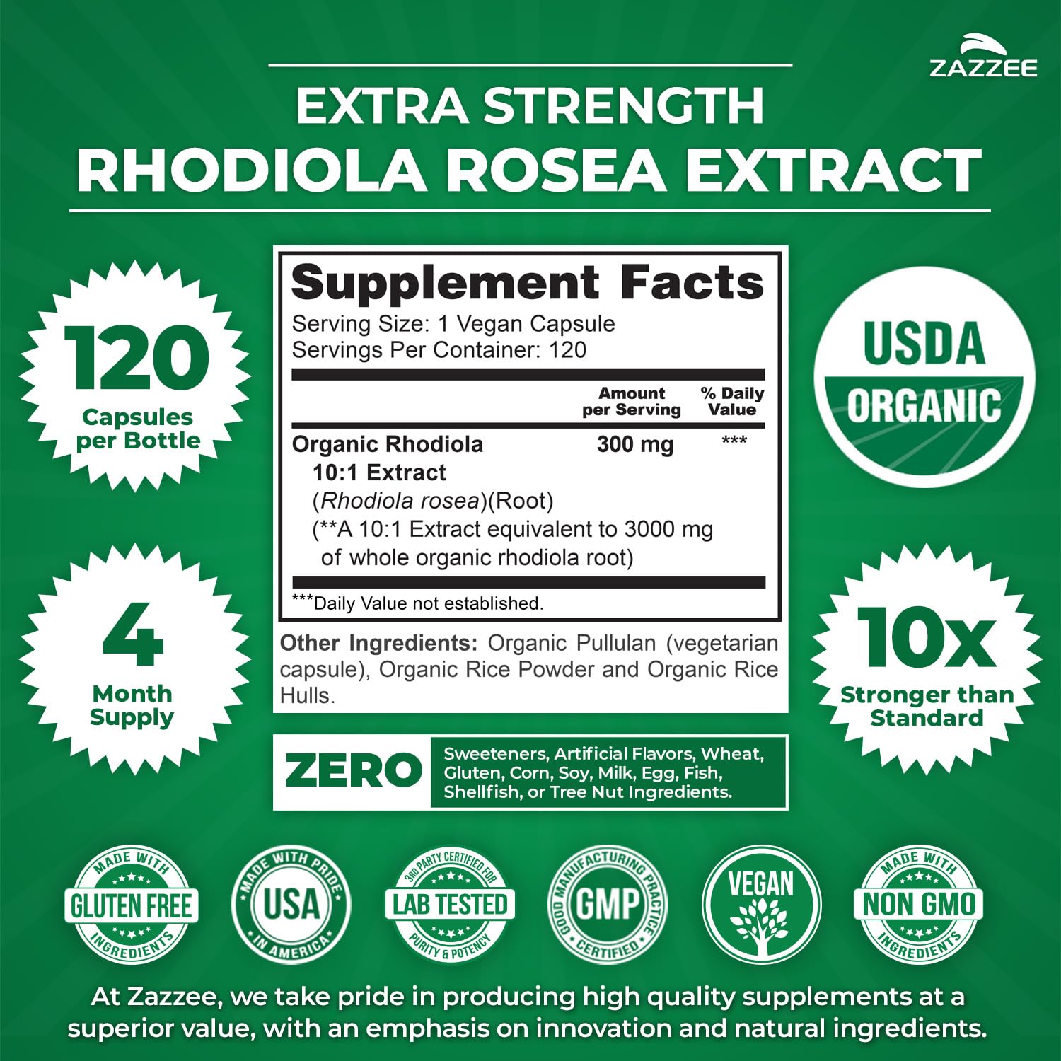 Zazzee USDA Organic Rhodiola 10:1 Extract, 120 Capsules, 4 Month Supply | Energy, Stress & Mental Focus Support, Rhodiola Rosea, Organic Herbal Supplement, All-Natural, Non-GMO, Made in the USA