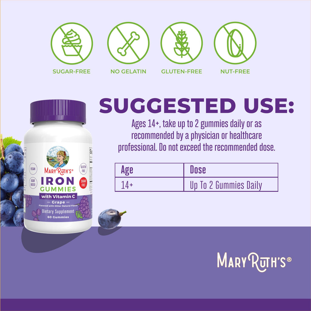 MaryRuth's Iron Gummies for 14+ with Vitamin C for Absorption | Sugar Free | Gummy Iron Supplement + VIT C | Energy Metabolism | Cellular Health | Immune Support | Vegan | Non-GMO | 60 Count | Sugar Free, Vegan, Cellular Health