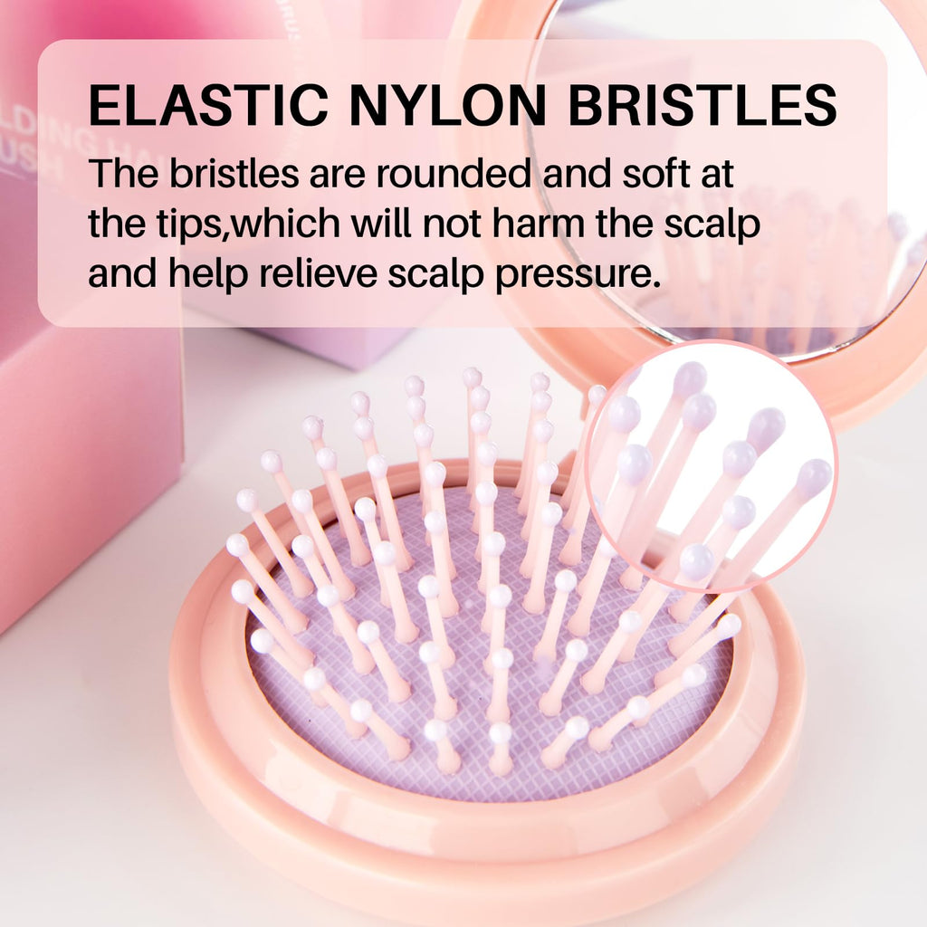 Discover the RHOS Folding Brush with mirror, featuring soft elastic nylon bristles that soothe your scalp and enhance hair care.