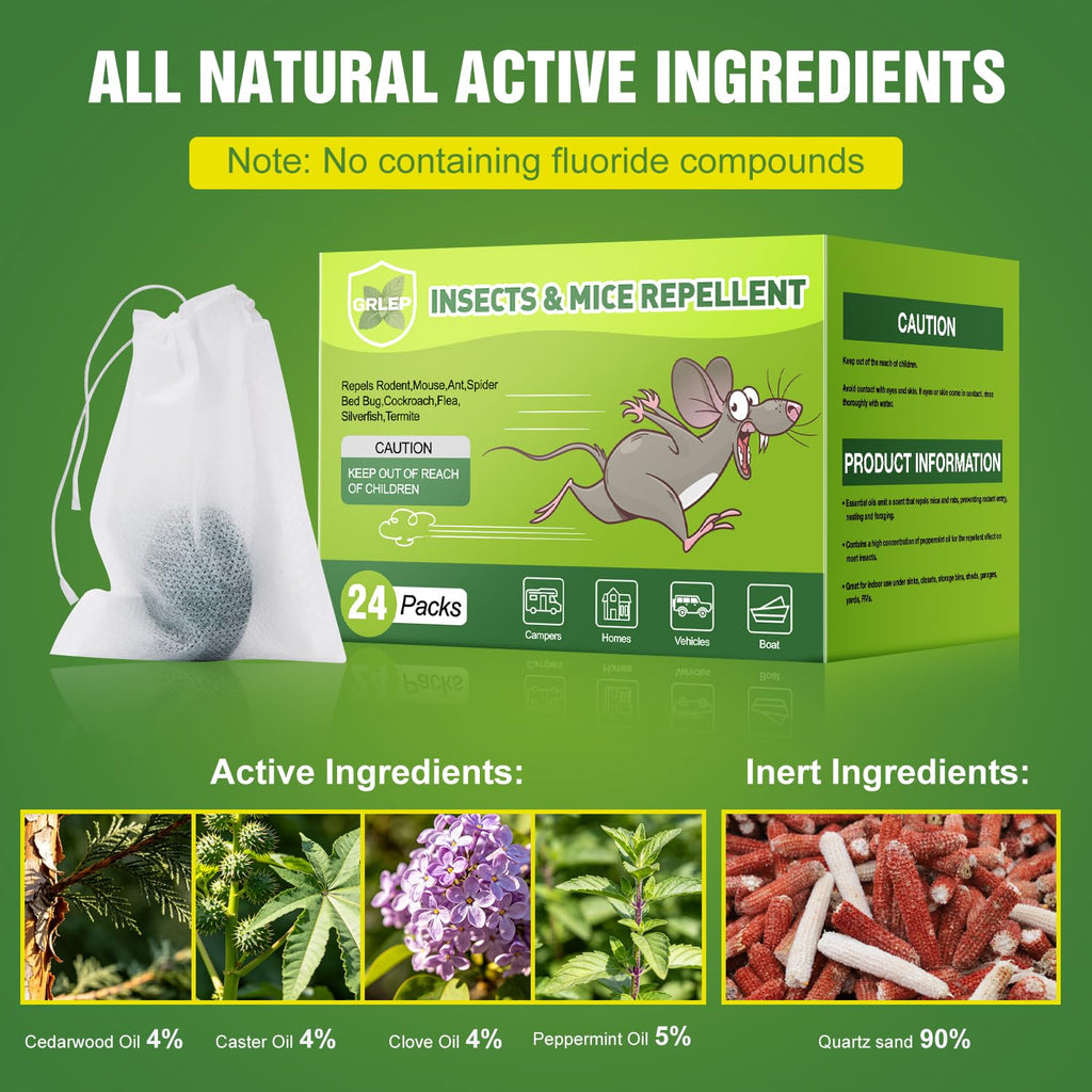 24 Packs Mice Repellent Rodent Repeller, Natural Peppermint Oil Pest Control for Rodent Rat Roach Ant Squirrel, Indoor Mouse Deterrent, Pet & Family Safe Alternative to Traps Mothballs & Poison