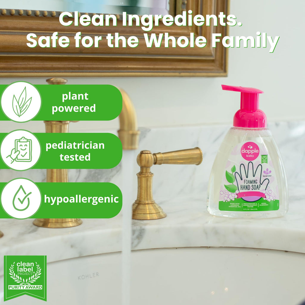 Dapple Foaming Hand Soap, Gentle Hand Wash Baby Soap, Hypoallergenic for Sensitive Skin, Powered by Plants, Lavender, 13 Fl Oz (Pack of 3)