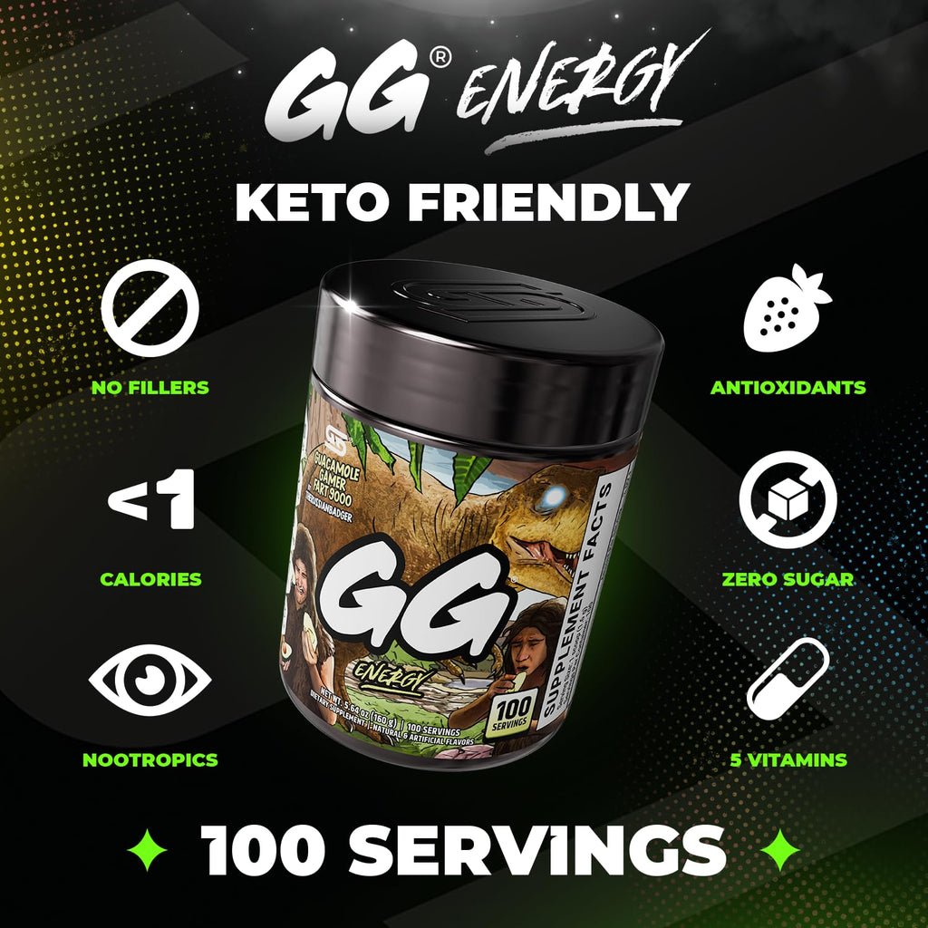 Gamer Supps GG Energy - Guacamole Gamer Fart 9000 by TheRussianBadger (100 Servings) - Keto Friendly Gaming Energy and Nootropic Blend, Sugar Free + Caffeine + Vitamins + Immune Support, Powder Drink