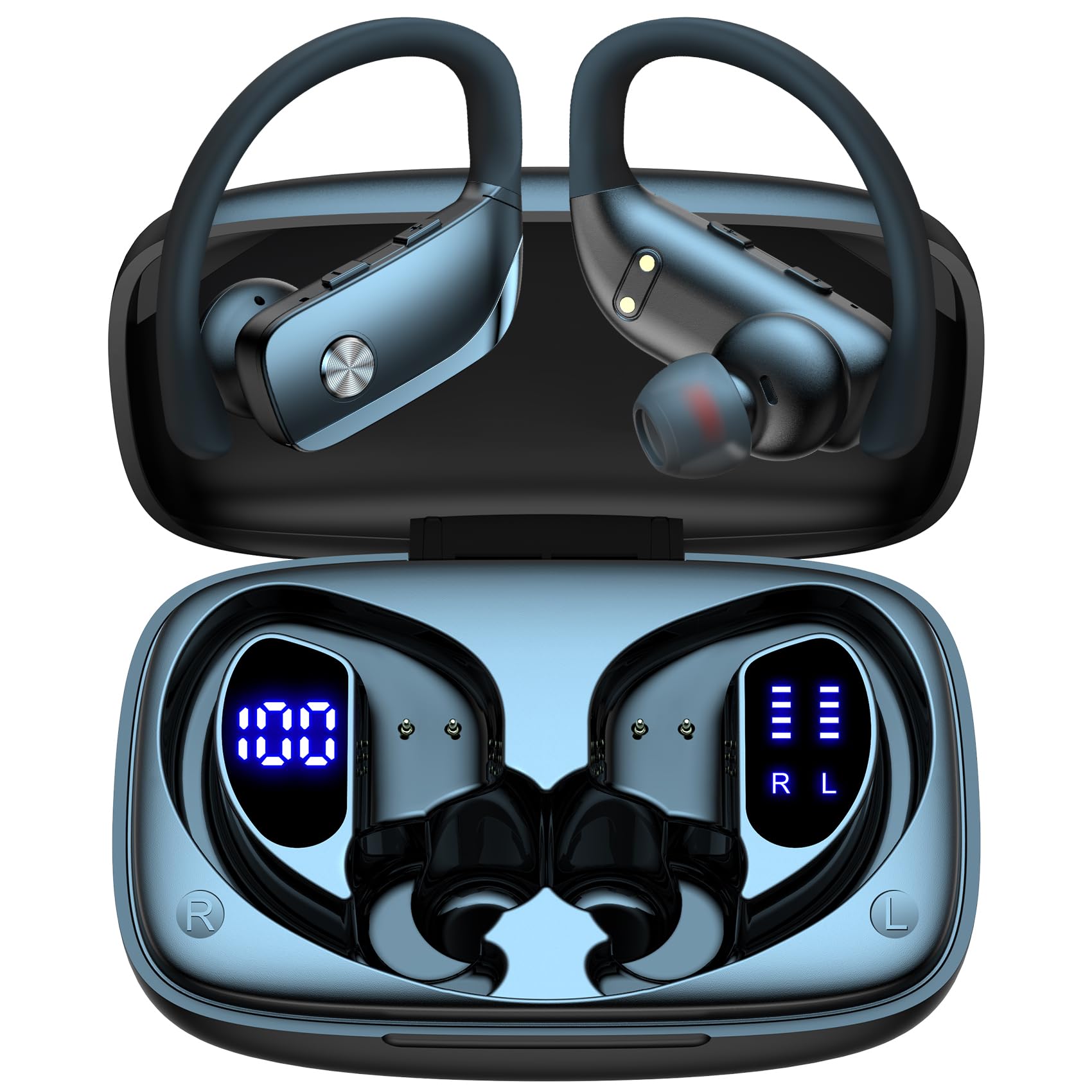 Buy now bmani Ear Buds Wireless Earbuds Bluetooth Headphones with 80H Playtime LED Display Case, Over-Ear Hook with Mic, Stereo Sound, Easy Button Controls, Sports Earphones for Running Workout Gym Black Standard Black at indiglob india