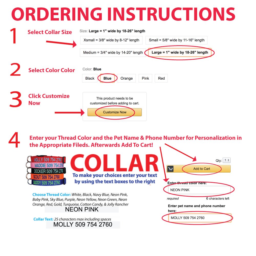 GoTags Personalized Dog Collar, Custom Embroidered Pet ID Dog Collar with Pet Name and Phone Number, Adjustable with Quick Release Snap Buckle