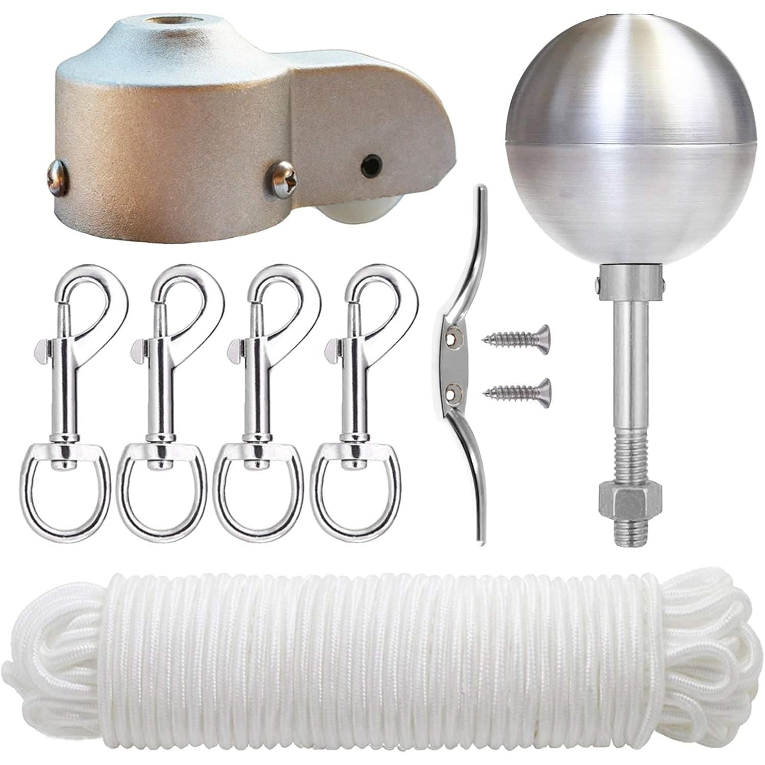 Buy now EKEV Flag Pole Hardware Parts Repair Kits - 3" Topper Gold Ball + 50 Ft Halyard Rope + 6" Cleat Hook + 4 Flag Swivel Snap Hooks + Flagpole Pulley Truck for 2" OD Tube Flagpole Part Kit for 2" OD Tube (Silver) at indiglob india