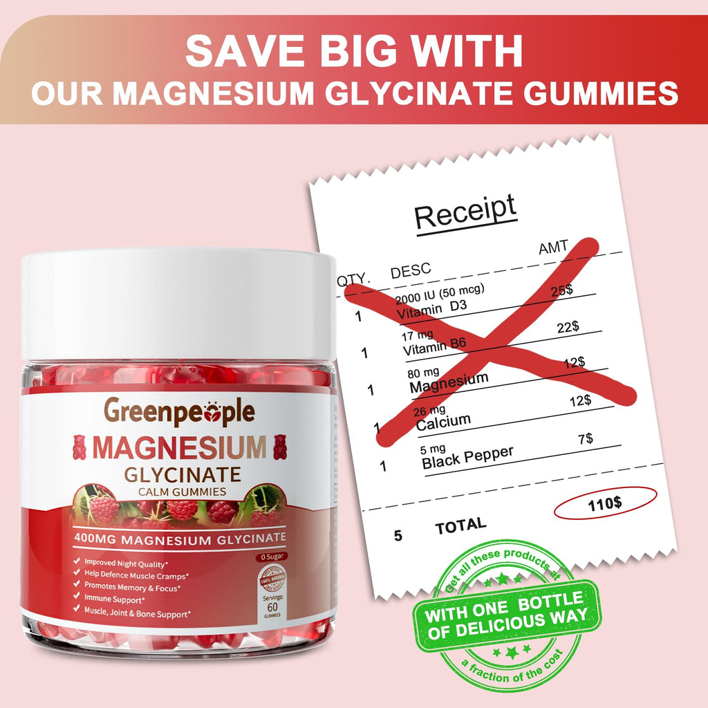 GREENPEOPLE Magnesium Glycinate Gummies 400mg, Sugar Free | Chelated High Absorption Complex with Magnesium Citrate for Calm, Sleep & Stress Support for Adults Raspberry, 120ct